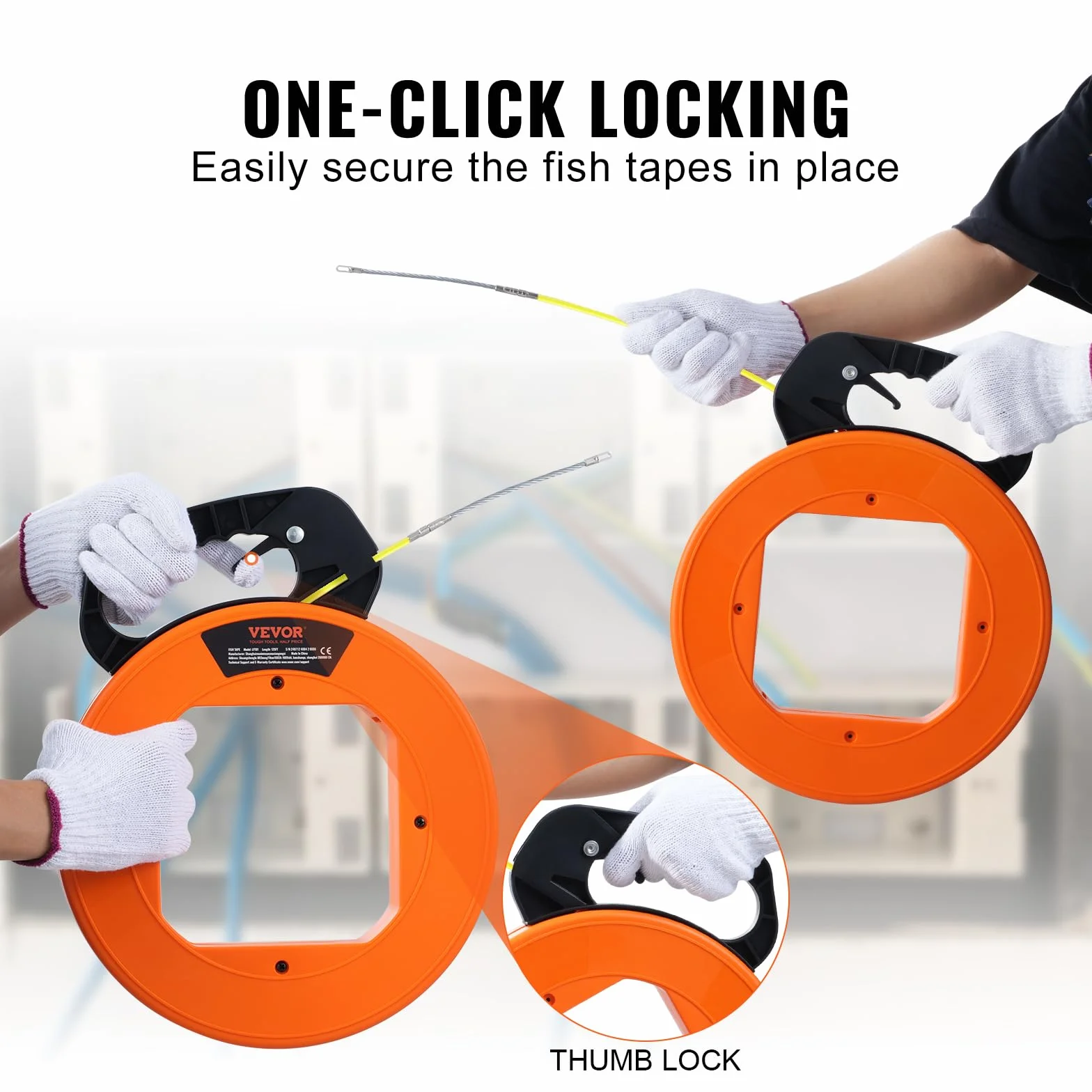 VEVOR Cinta de Pesca de 60,96 m, Diámetro de 4,7 mm, Extractor de Cables de Fibra de Vidrio con Carcasa y Mango, Herramienta Extractora de Cables para Paredes y Conductos Eléctricos, no Conductor