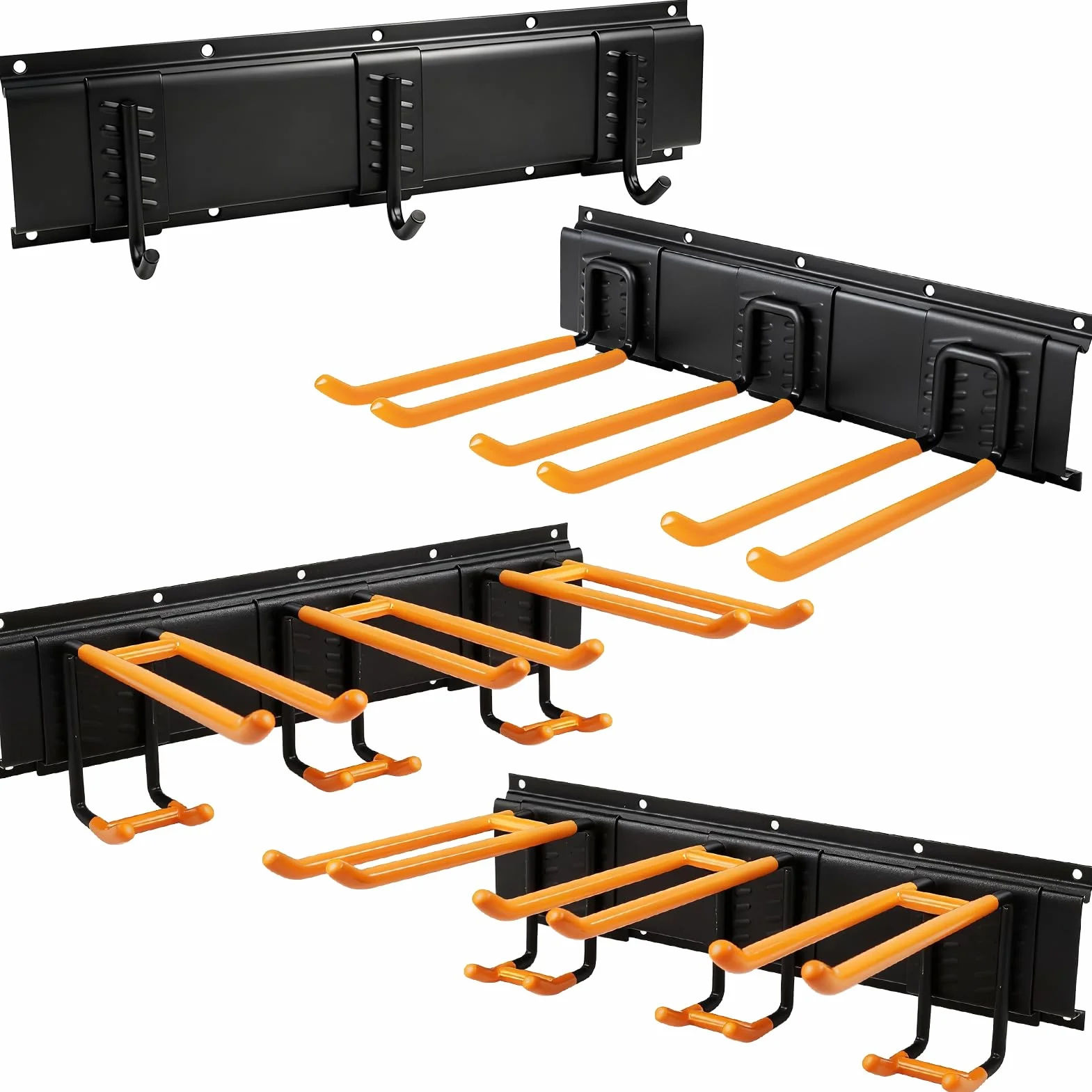 Organizador de Garaje con 4 Guías (162cm), 12 Ganchos Extraíbles con Fundas Antideslizantes, 2 Correas de Carga, Soporte de Jardín de Pared para Taller, Herramientas, Escobas, Rastrillos