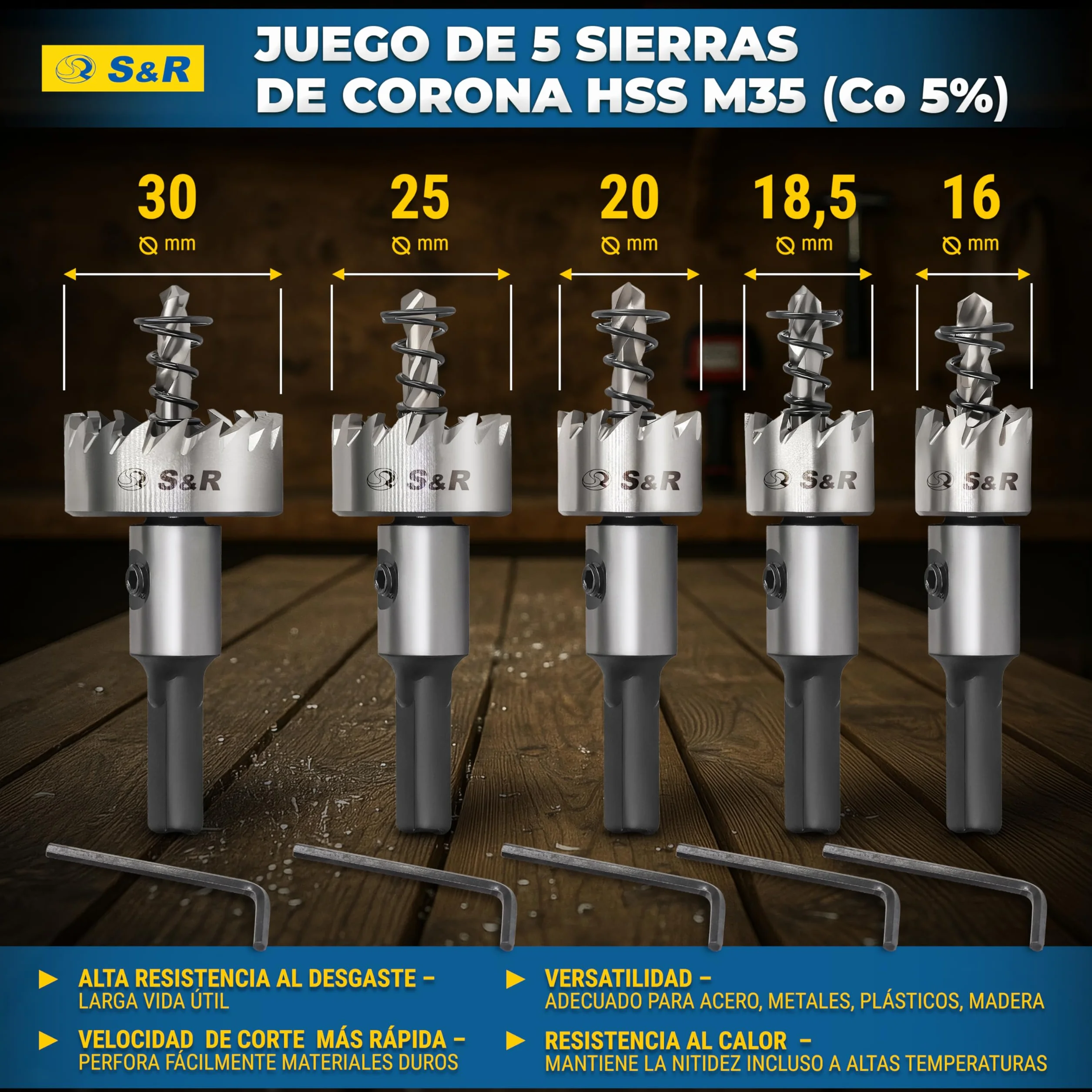 S&R Brocas Sierra Coronas Perforadora Metal. - Juego de 5 Fresas a Taza: 16 + 18,5 + 20 + 25 + 30 mm HSS Cobalto 5% - HRC 64-66