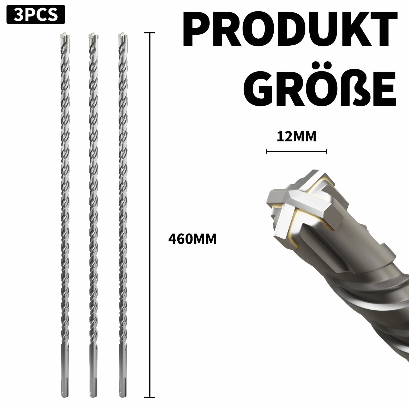 Juego de brocas SDS Plus de 12 mm × 460 mm, de metal duro profesional, para hormigón, mampostería y piedra, 3 piezas, duraderas y potentes