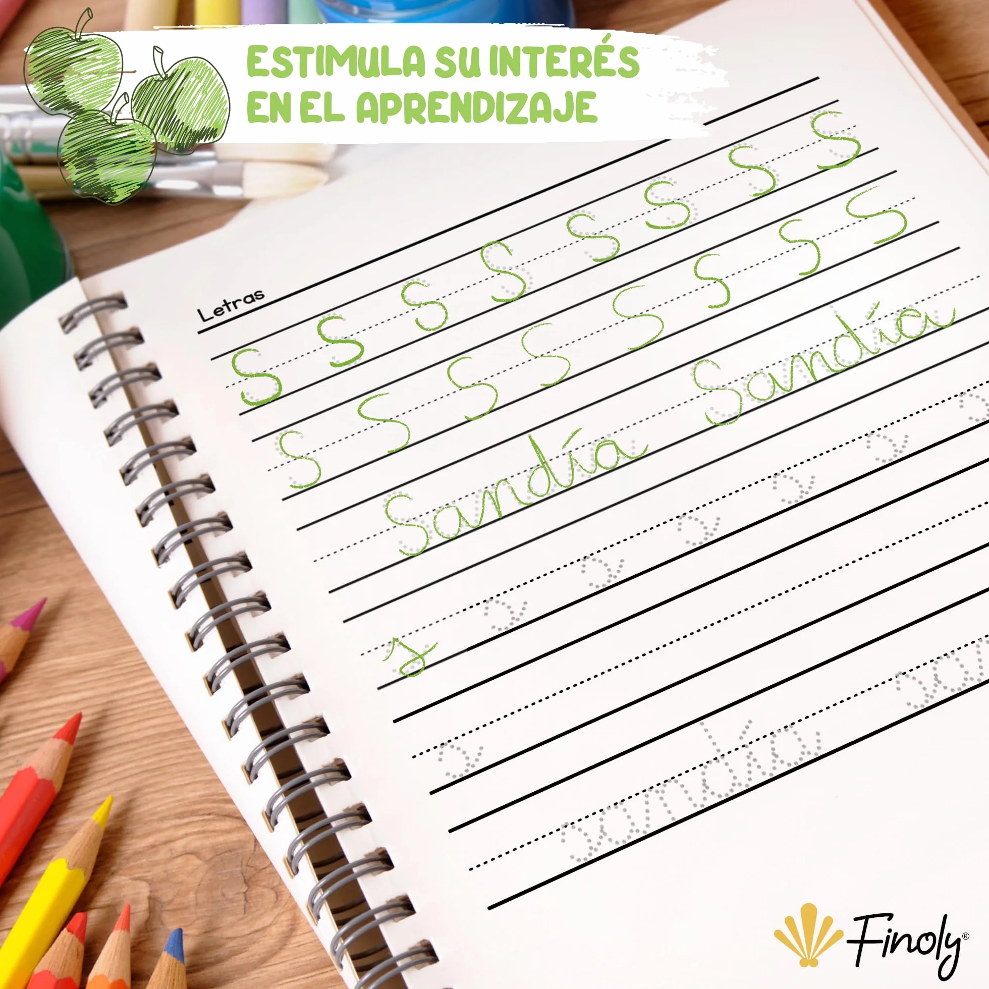 Finoly Cuaderno Aprender a Escribir Letras y Números Pauta Montessori | Niños 3 a 6 años Libro Caligrafía Preescritura Lectoescritura Actividades y Ejercicios: Letras Números Palabras Grafomotricidad
