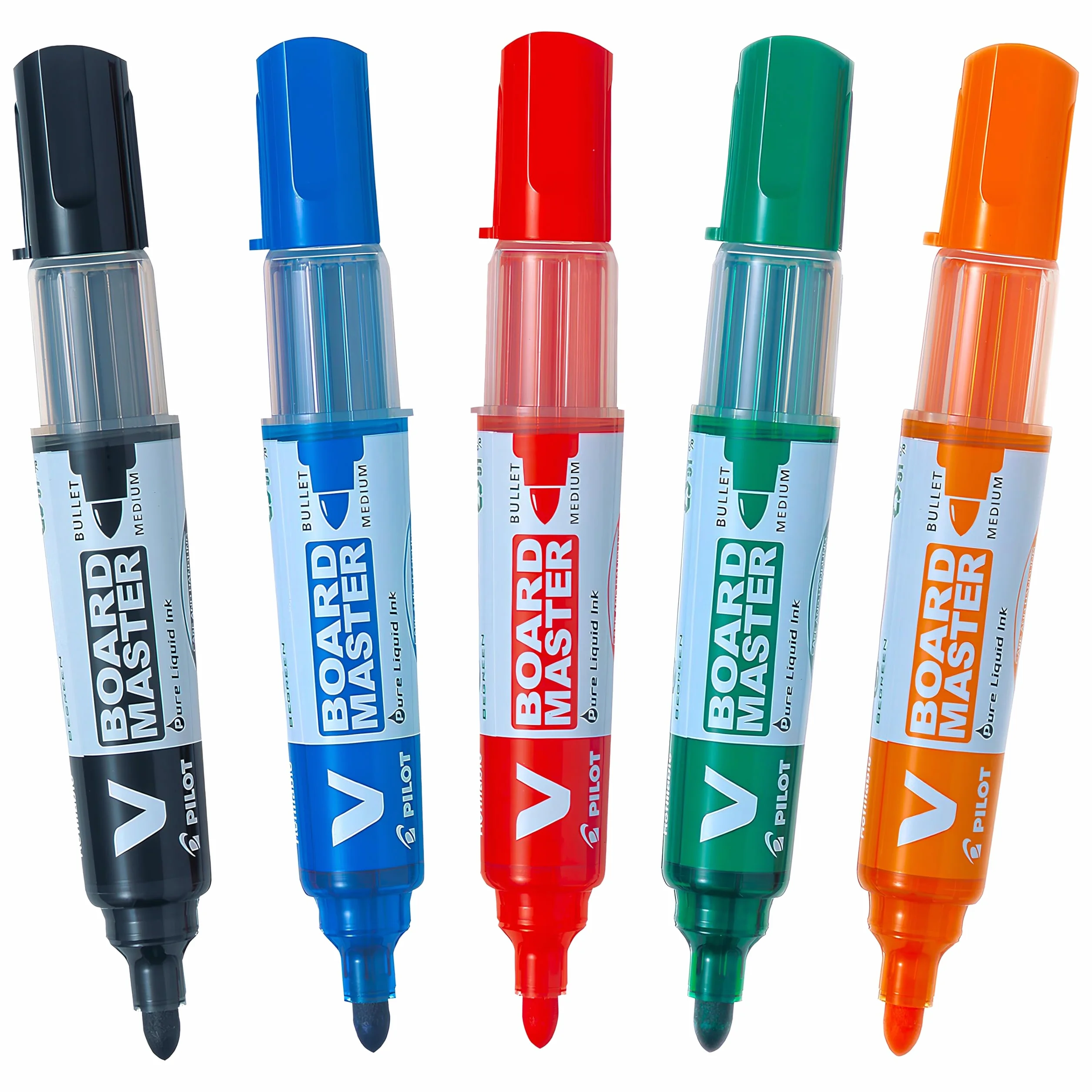 PILOT - Caja de 5 V-Board Master - Rotuladores pizarra blanca - Tinta borrado en seco - Recargable con tinta líquida colores intensos - Begreen - Negro, Azul, Rojo, Verde, Naranja - Punta Media