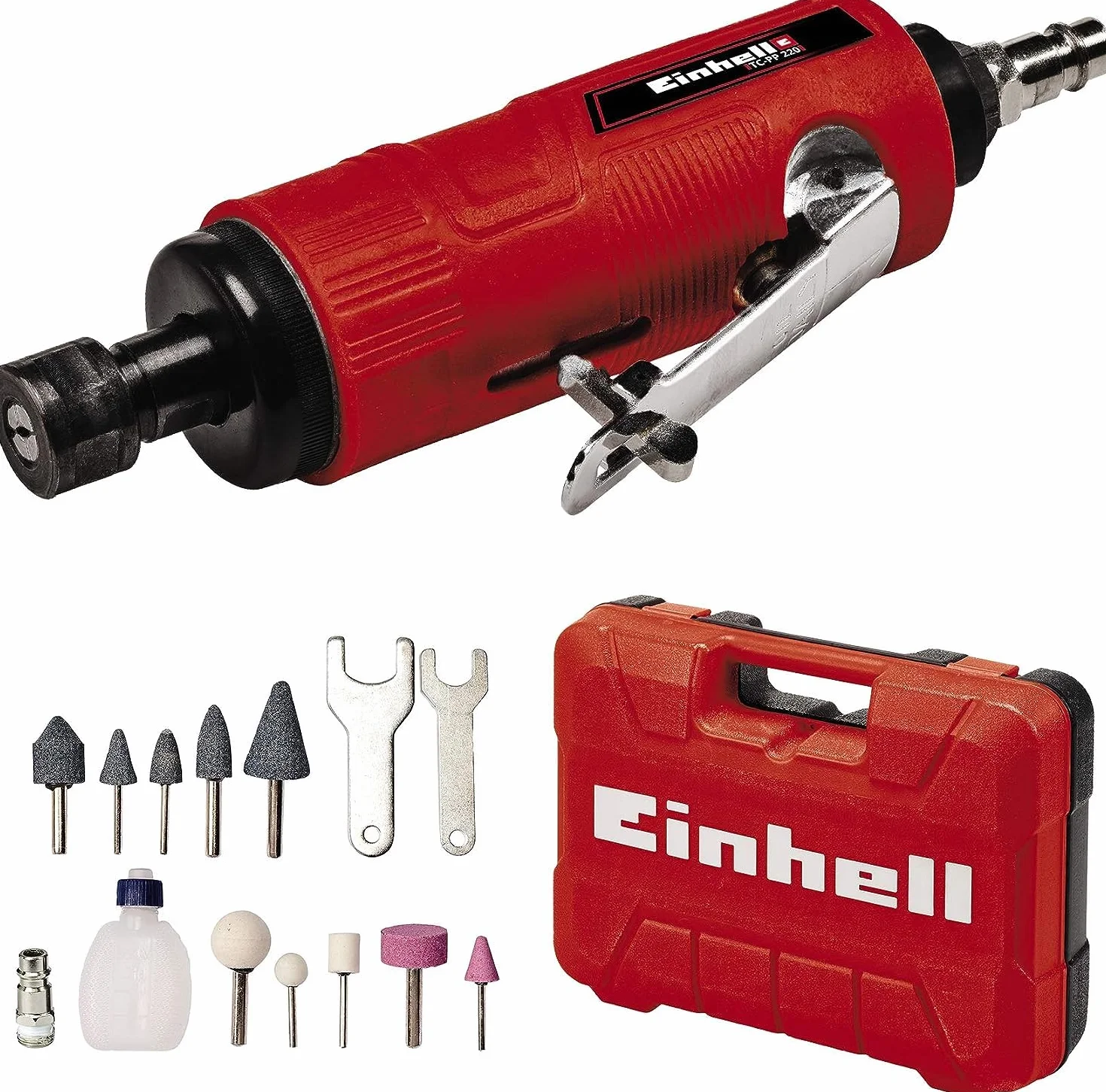 Einhell Lijadora de barra de aire comprimido TC-PP 220 (6.3 bar, 128 L/min, equipo de aire comprimido para el lijado, pulido, grabado y desbarbado, incl. 10 muelas, maletín de transporte, sin aceite)