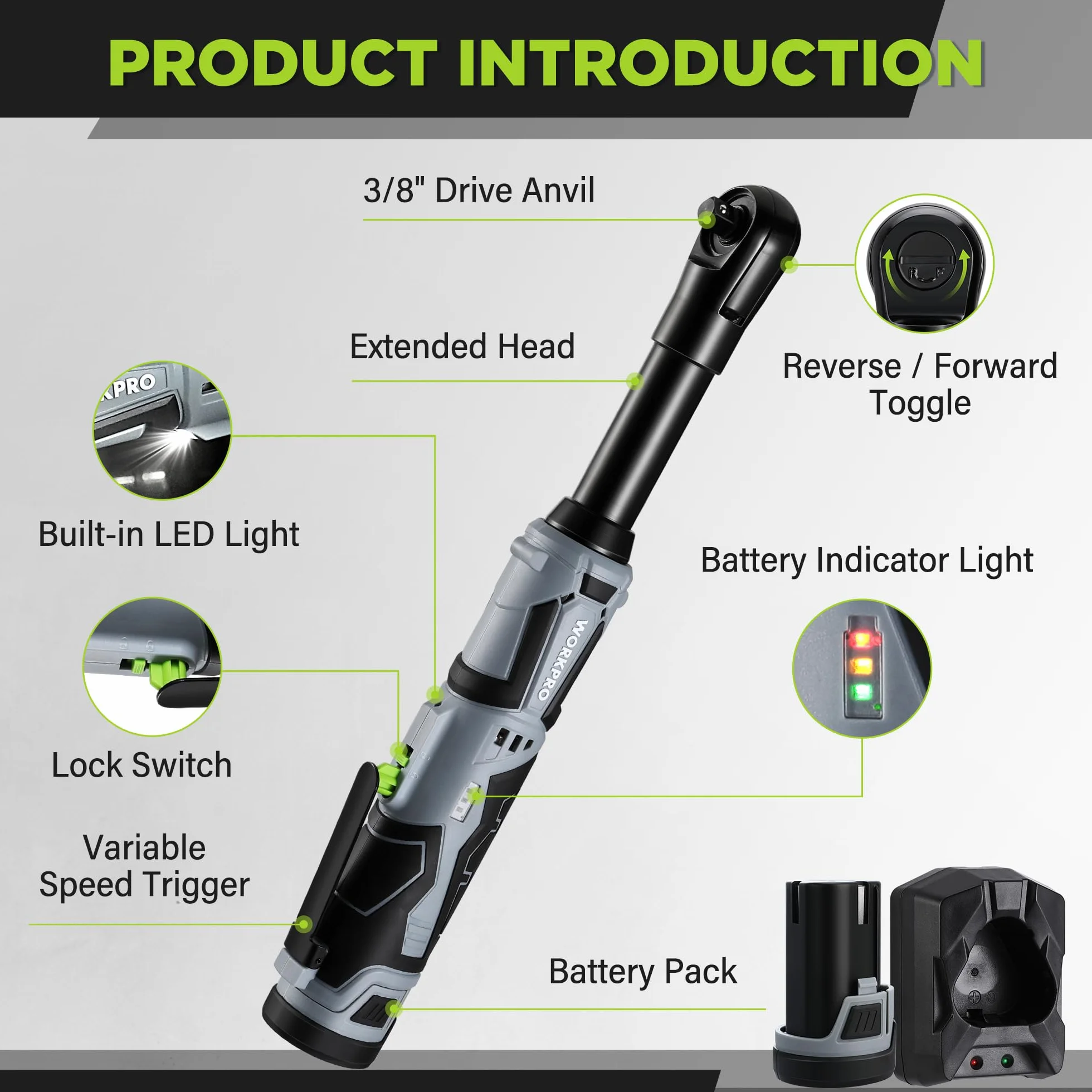 WORKPRO Llave de Carraca Eléctrica Extendida, 12V Atornillador de Impacto