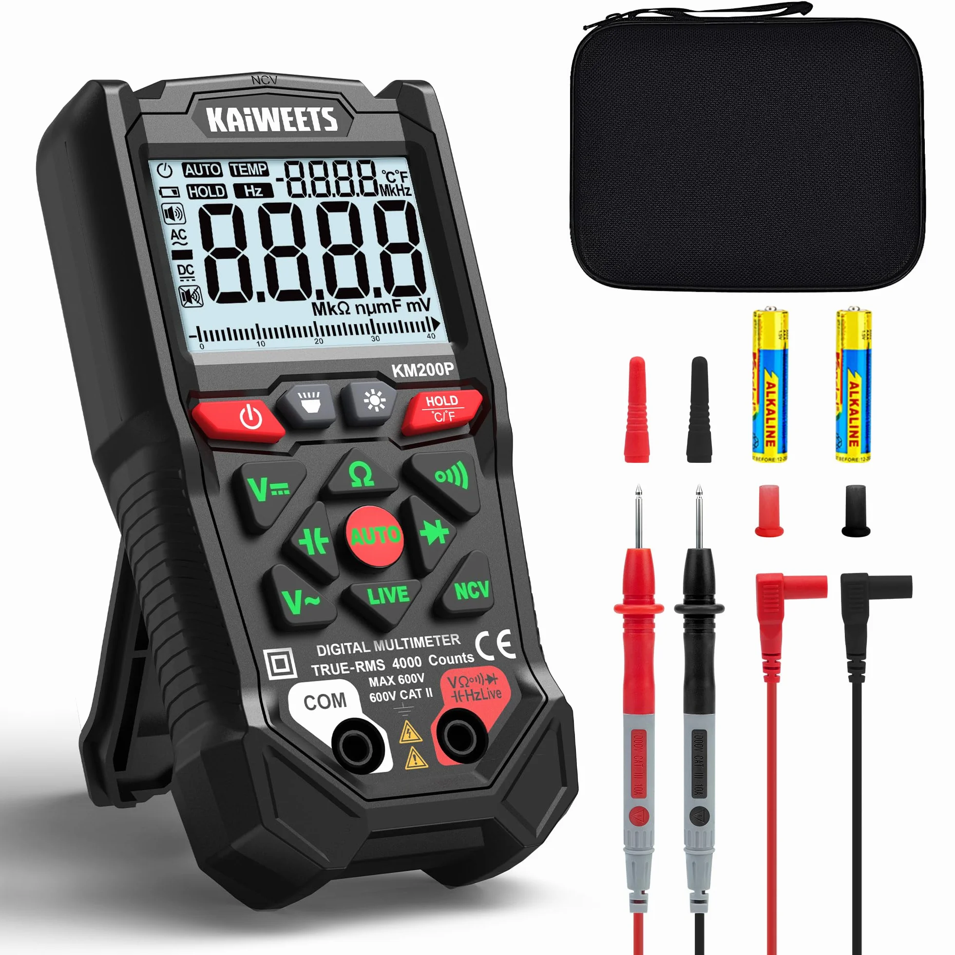 Multímetro Digital KAIWEETS con Control por Botones, 4000 Cuentas, Selección Automática de Rango, TRMS, Función NCV y Prueba de Cable Vivo, Mide Tensión CA/CC, Resistencia, Continuidad y Capacidad