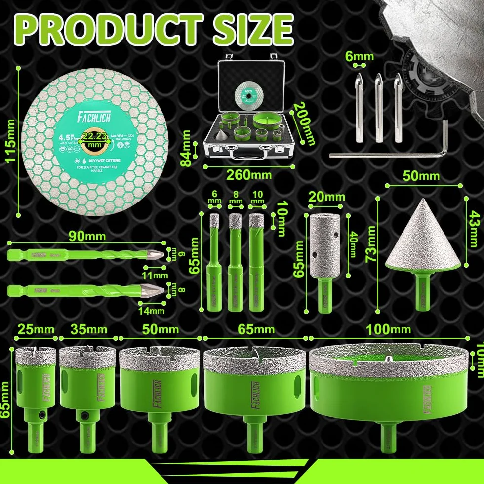 Kit de sierra perforadora para azulejos, 16 piezas de sierra perforadora de diamante (6/8/10/25/35/50/65/100 mm) con broca de dedo y broca de chaflán, brocas para azulejos de porcelana