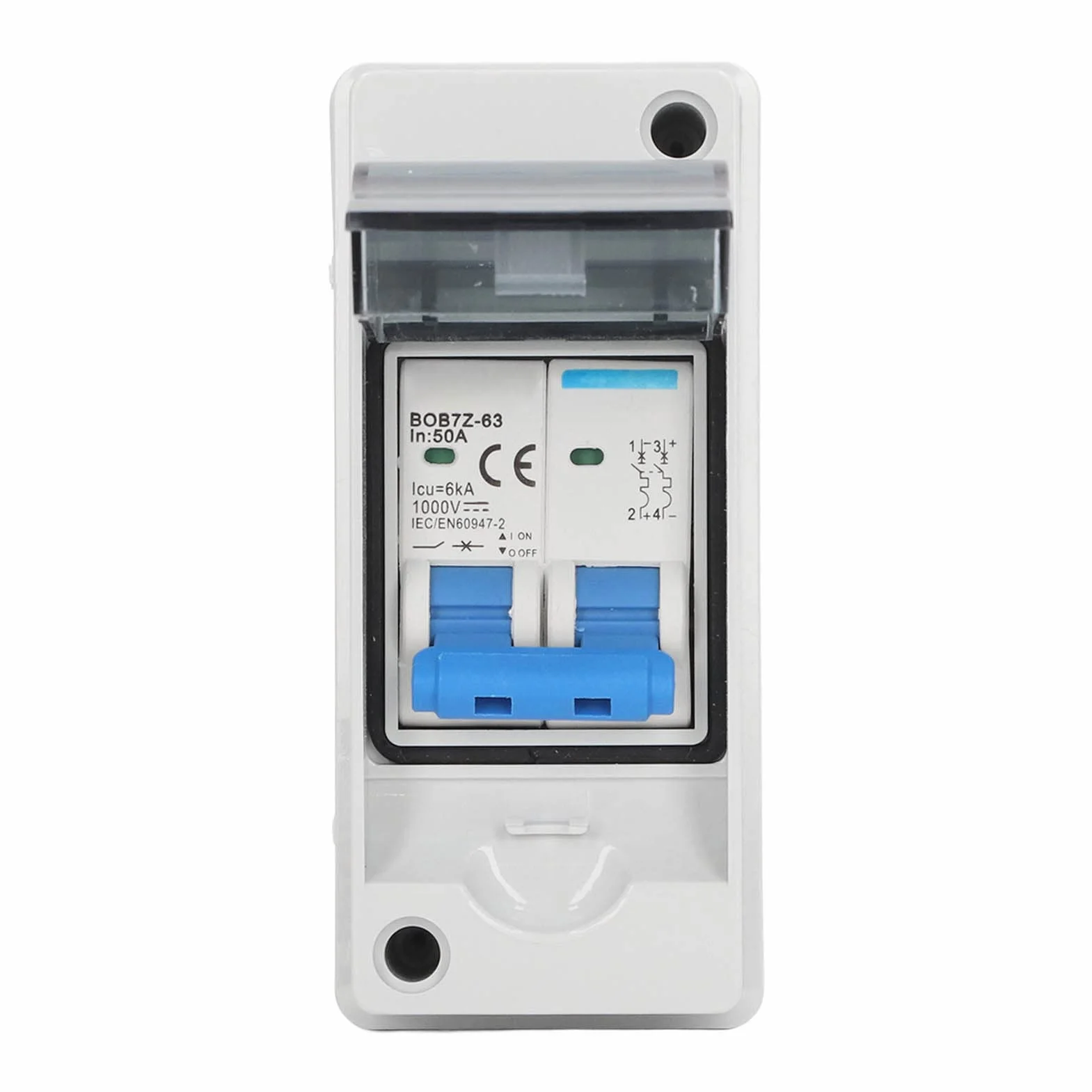 Asixxsix Interruptor de circuito en miniatura CC, 2 polos, 1000 V, 50 amperios, interruptor de desconexión solar con caja impermeable IP65, aislador de circuito fotovoltaico para paneles solares,