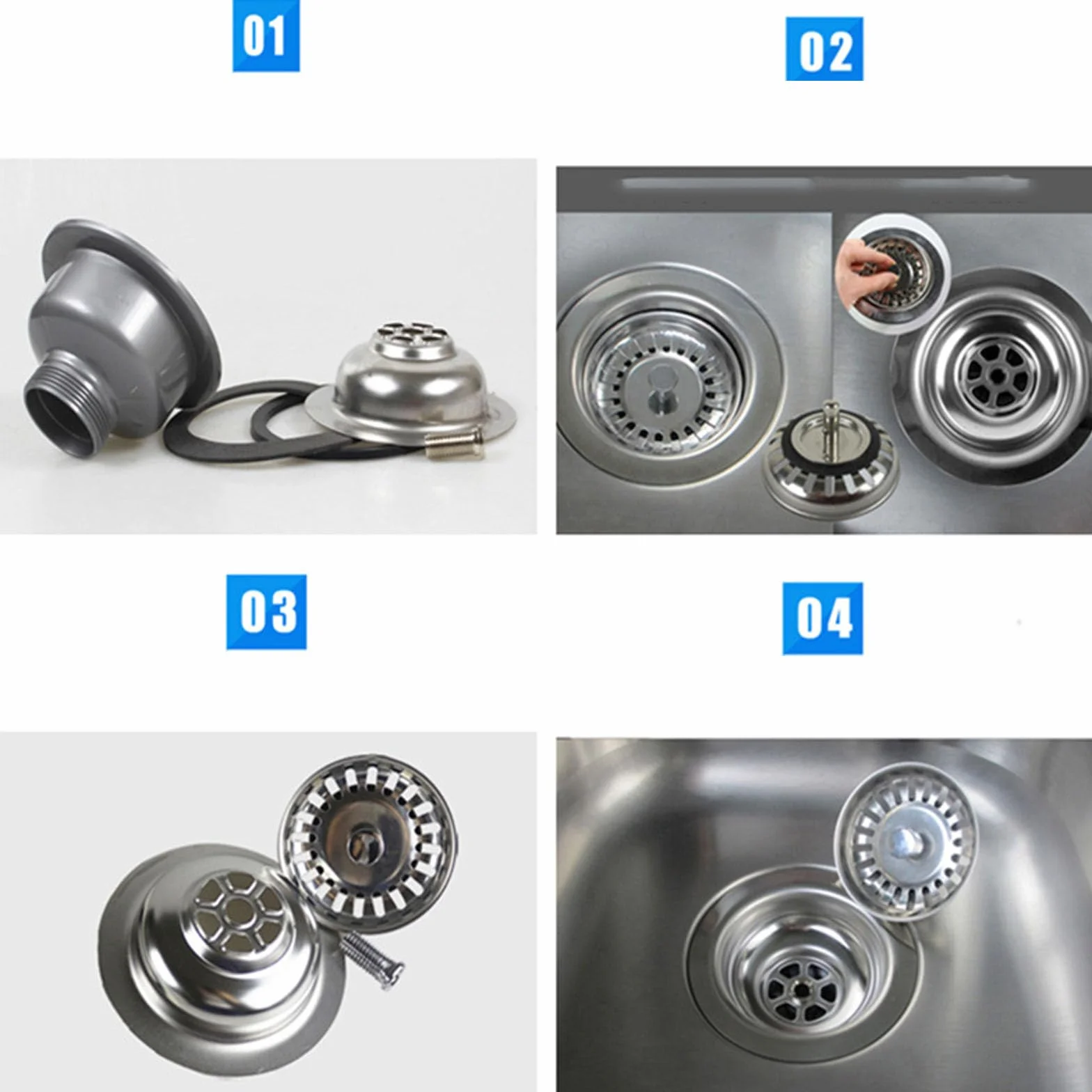 Válvula de cesta de acero inoxidable para desagüe de fregadero con rebosadero 114 mm sifón de cocina