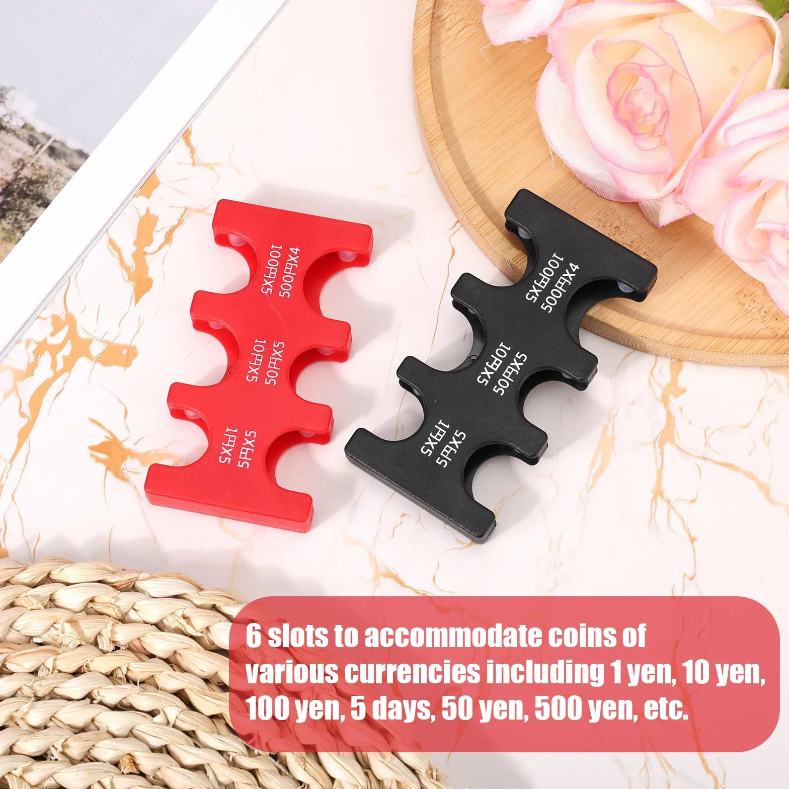 Dispensador de Monedas Rectangular de Plástico con 6 Ranuras, Estuche Rígido Portátil para Yenes Japoneses, Viajes y Coche (Rojo y Negro)