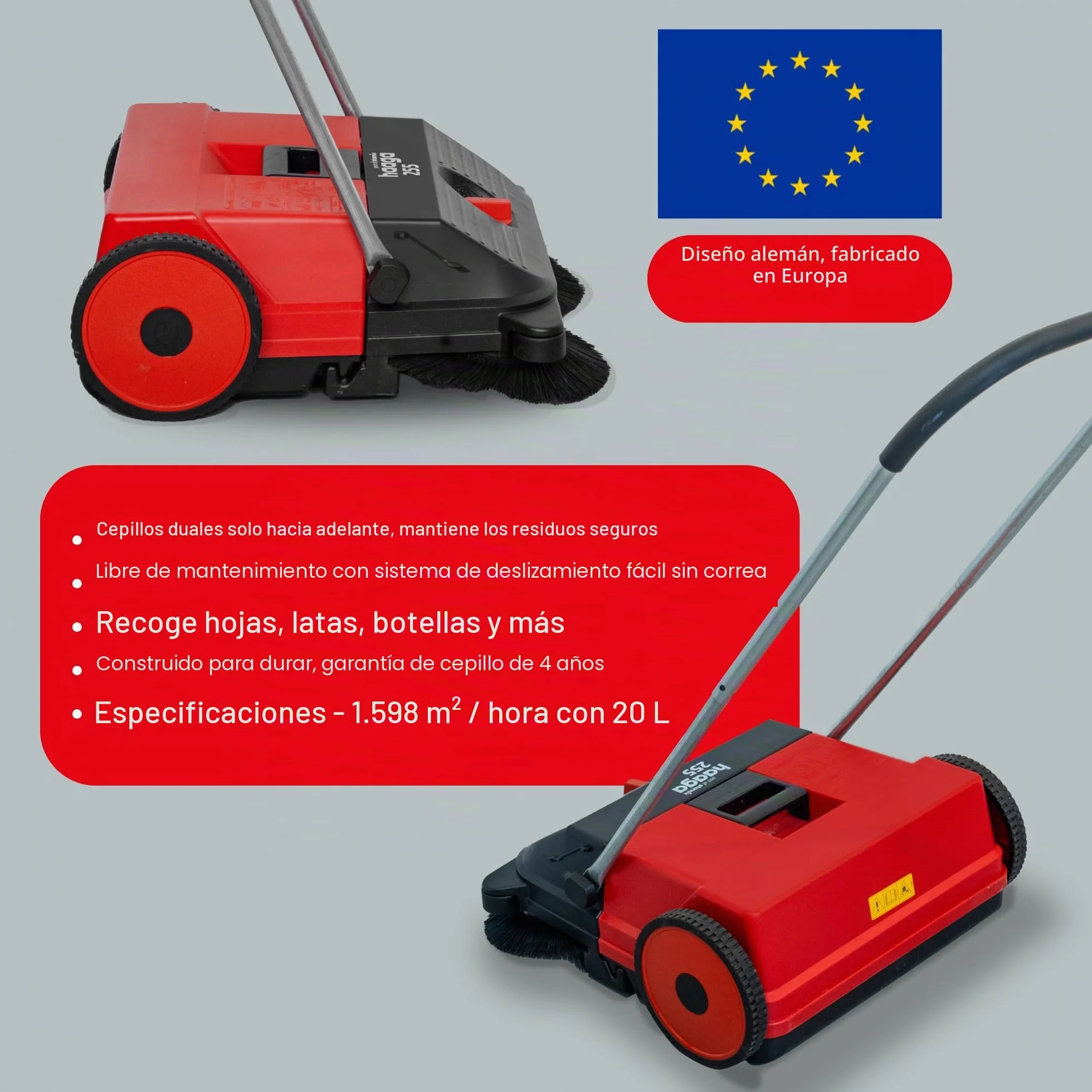 Haaga 255 - Barredora Manual con Sistema de Barrido Turbo, Capacidad de Barrido 1600 m²/h, Capacidad del depósito 20 litros
