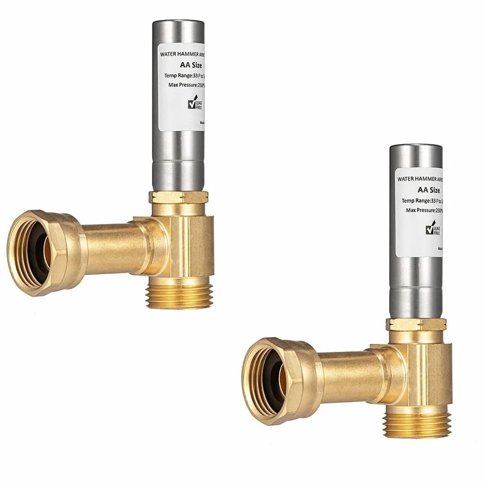 Pararrayos de martillo de agua en ángulo de 3/4 pulgadas para lavadoras, construcción de acero inoxidable y latón, absorción de impactos para sistemas de fontanería, paquete de 2
