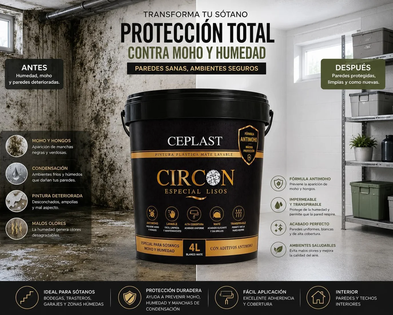 Pintura Antimoho CIRCON Interior Mate | Protección Contra Humedad, Moho y Condensación | Alta Cobertura y Acabado Profesional | Disponible en 0,75L, 4L (4 Litros)