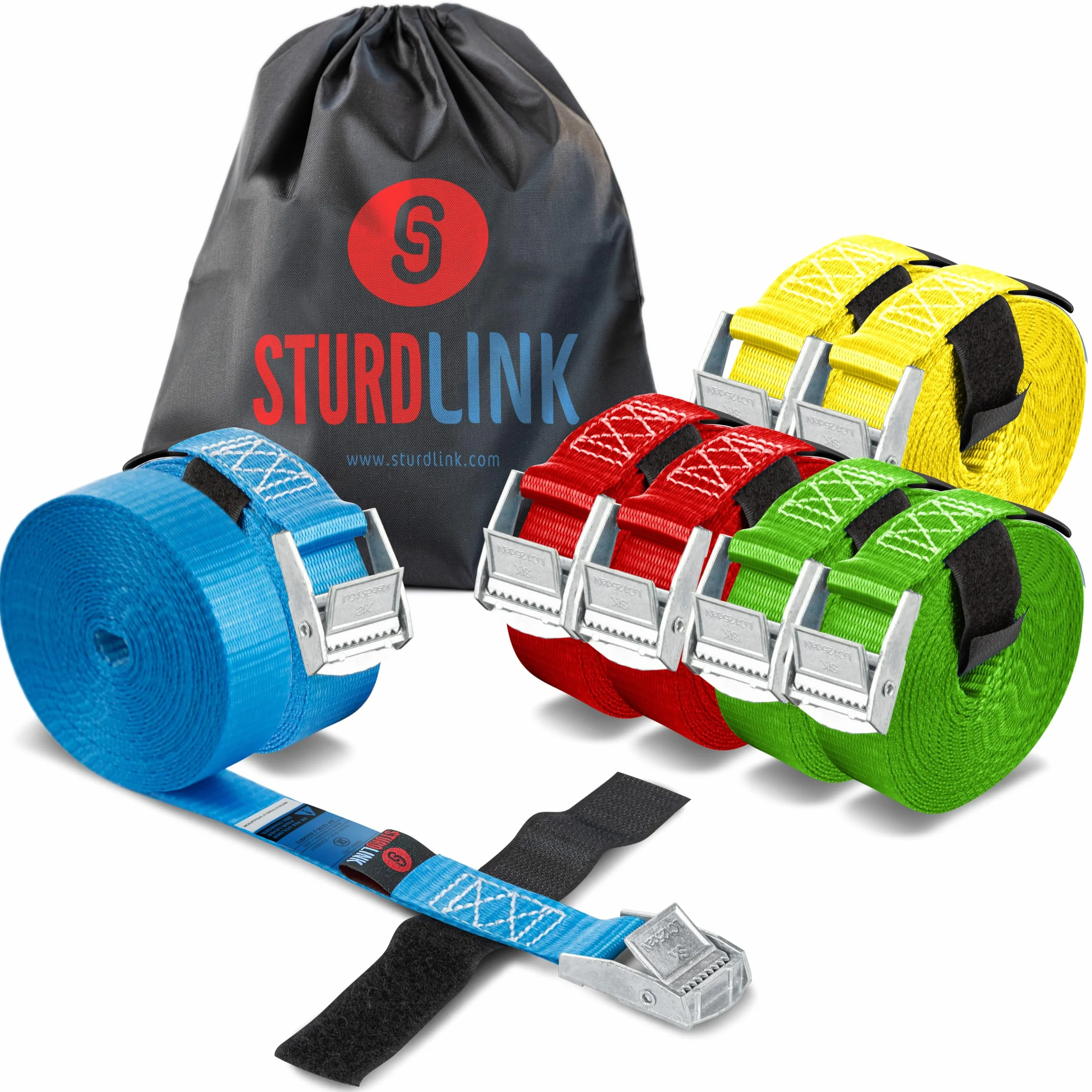 STURDLINK Juego de 8 Cinchas de Amarre 25mm 250kg con Hebilla Rapida y Sistema para Atar 2m 3m 4m 5m + Bolsa para Sujeción en el Portabicicletas, Barras Techo Coche, Remolque Bicicleta, Equipaje
