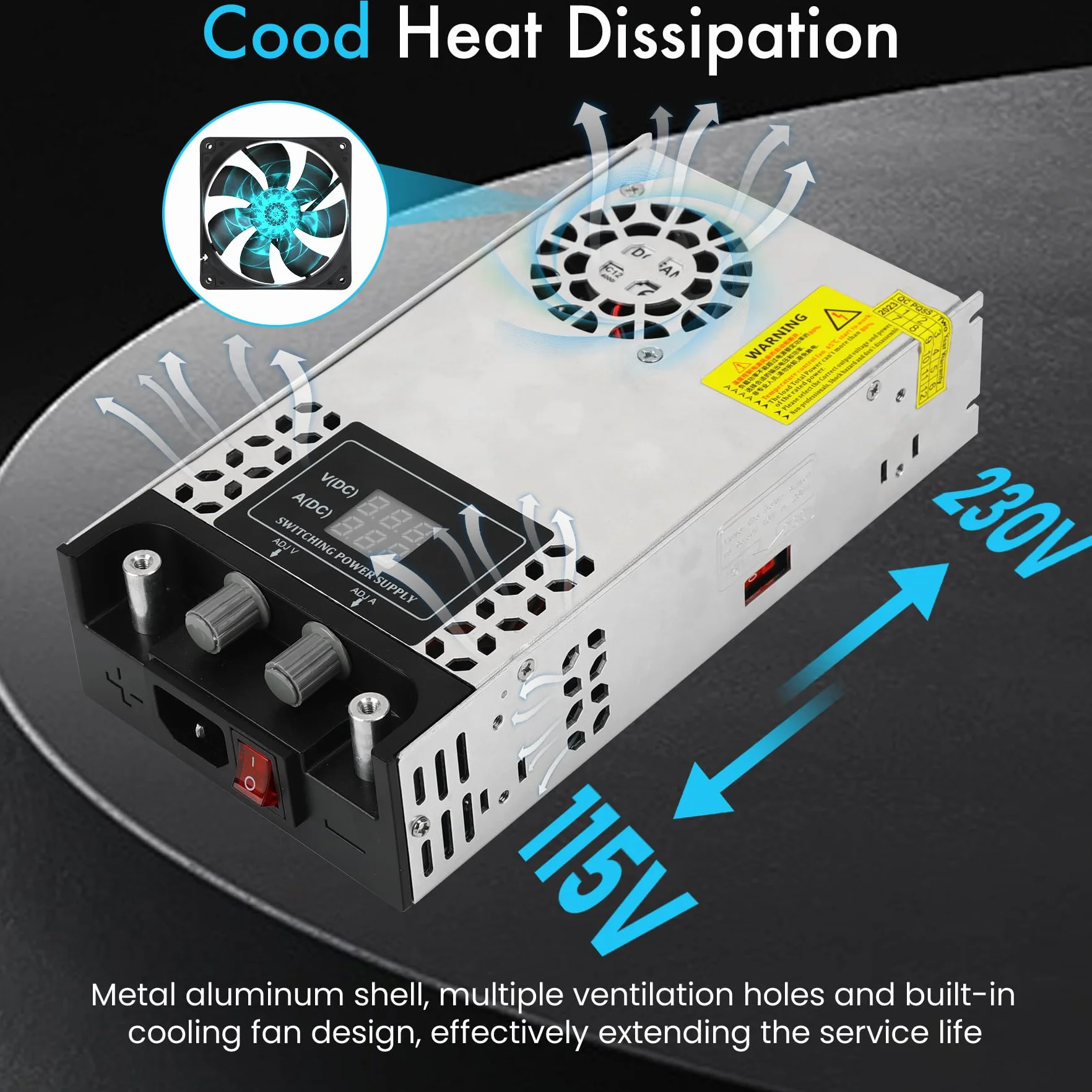 Ajustable Fuente de Alimentación DC 0-60V 10A 600W Transformador, 230V AC a DC 0-60V 10A Fuente Alimentación 600W con Pantalla LED, Muestra claramente dispositivo salida tensión y corriente