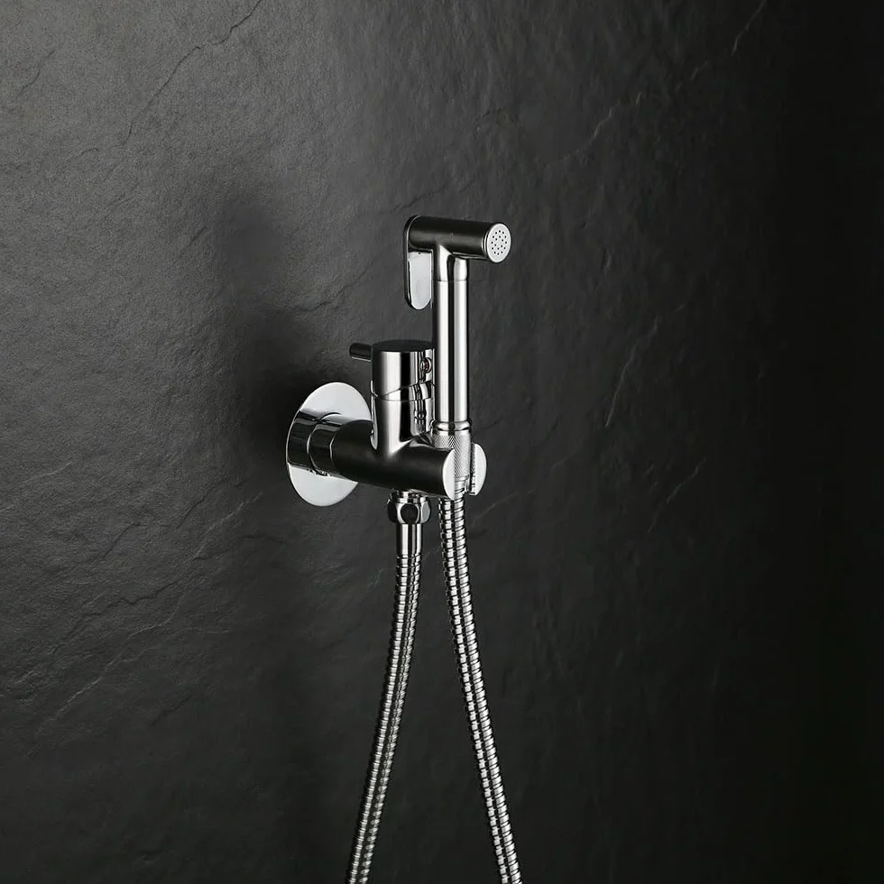 Kibath L473551 Grifo para el WC, higiene íntima para sustitución del Bidet, Monomando Agua fría y Caliente con Ducha de Mano. Diseño Redondo, Cromo Brillo