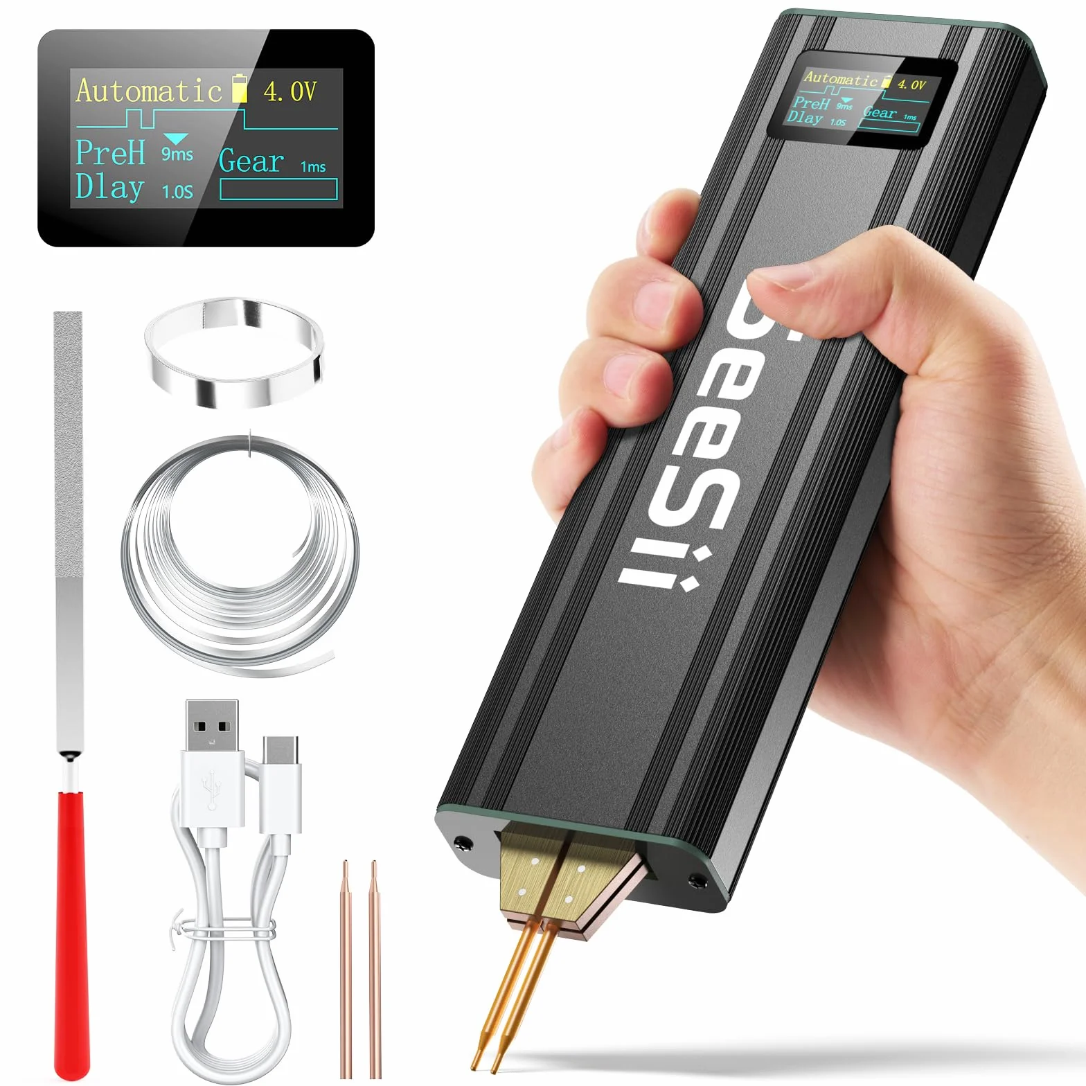 SEESII Mini Soldador por Puntos - SE-209 Soldador de Puntocon con Batería 5,0 Ah 1-80 Niveles para 0,1-0,2 mm Hojas de Níquel, Hierro, Acero Inoxidable, Modo Automático y Manual