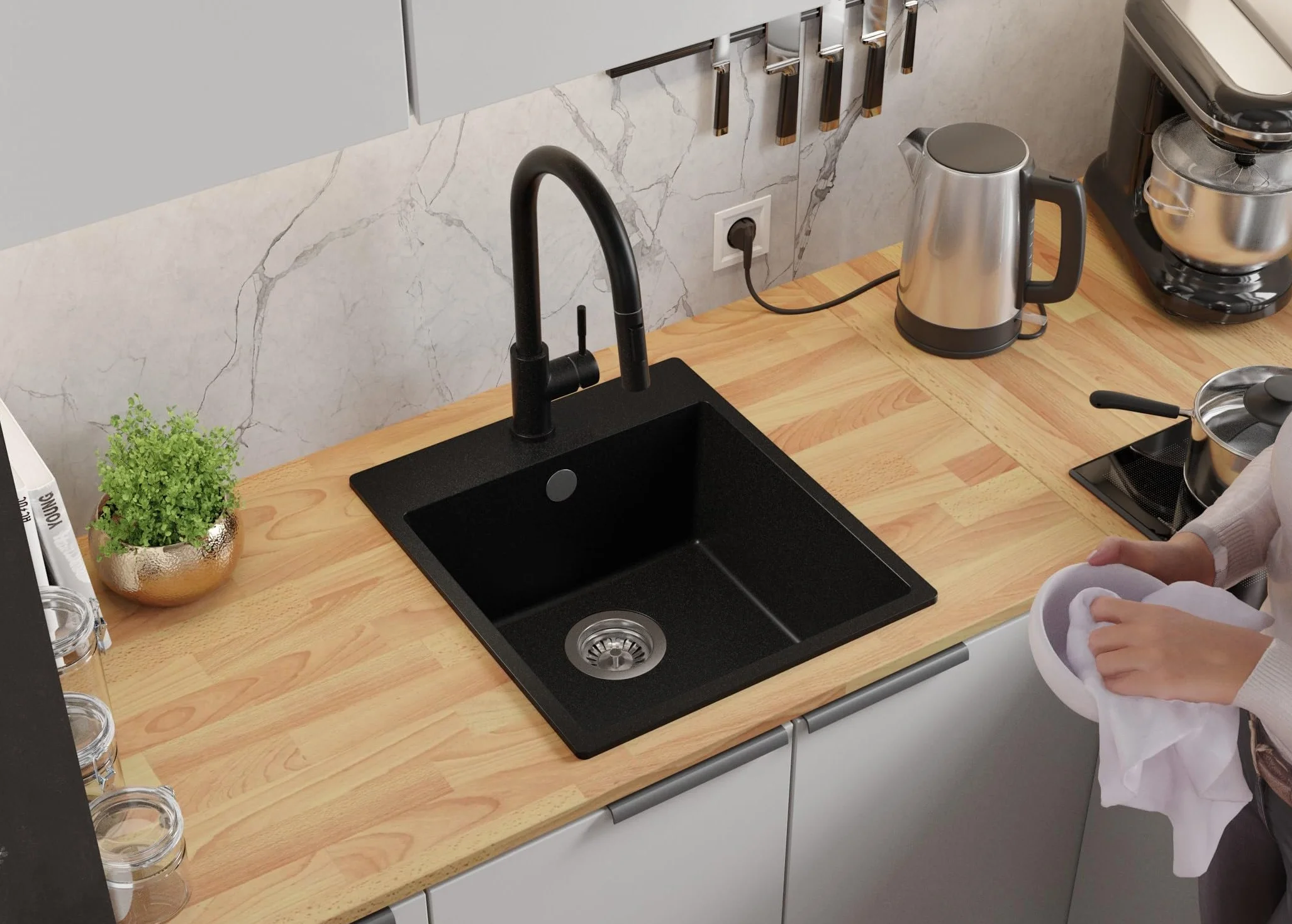 PRIMAGRAN Fregadero Cocina Negro 43x50cm, Granito 1 Seno + Sifón, Sobre Encimera al Mueble 45cm - Riga S125