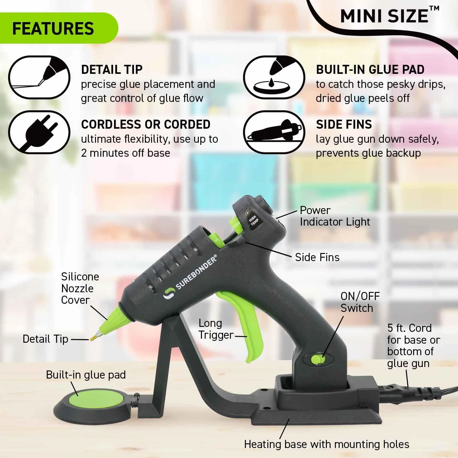 Surebonder Pistola de pegamento mini inalámbrica 20 vatios - Negro - Detail - Perfecto para proyectos detallados y bricolaje - Con punta de detalle extendida y seguridad integrada