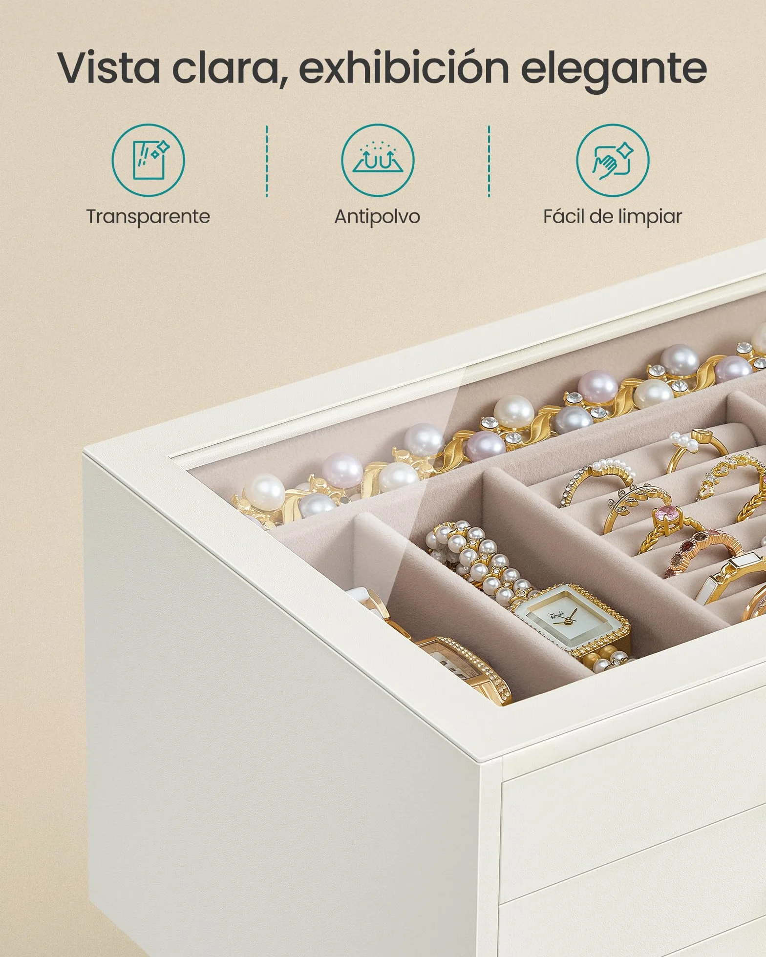 SONGMICS Caja de Joyas, Organizador de Joyería de 3 Niveles, con Ventana de Vidrio, 3 Cajones, Gran Capacidad, Tiradores Dorados, Idea de Regalo, 16 x 24 x 12,5 cm, Blanco Crema JBC206WD01