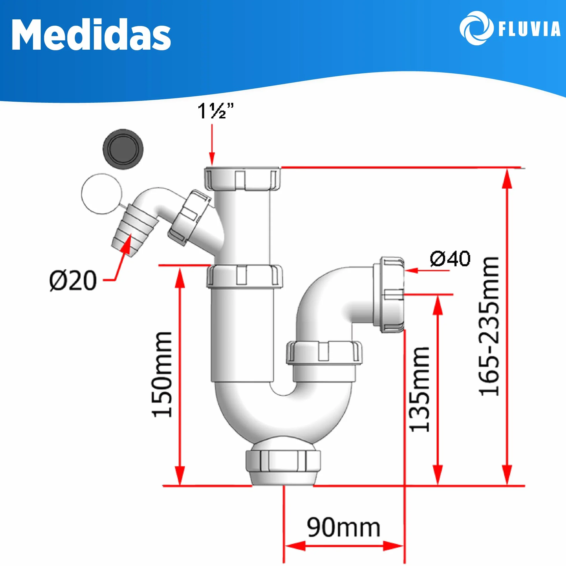 Sifon Curvo Extensible para Fregadero 20 mm con Racor 1 1/2 Salida 40 mm Reduccion 32 mm Ajustable 27 5-33 cm Antiolor Antifugas Polipropileno FLUVIA