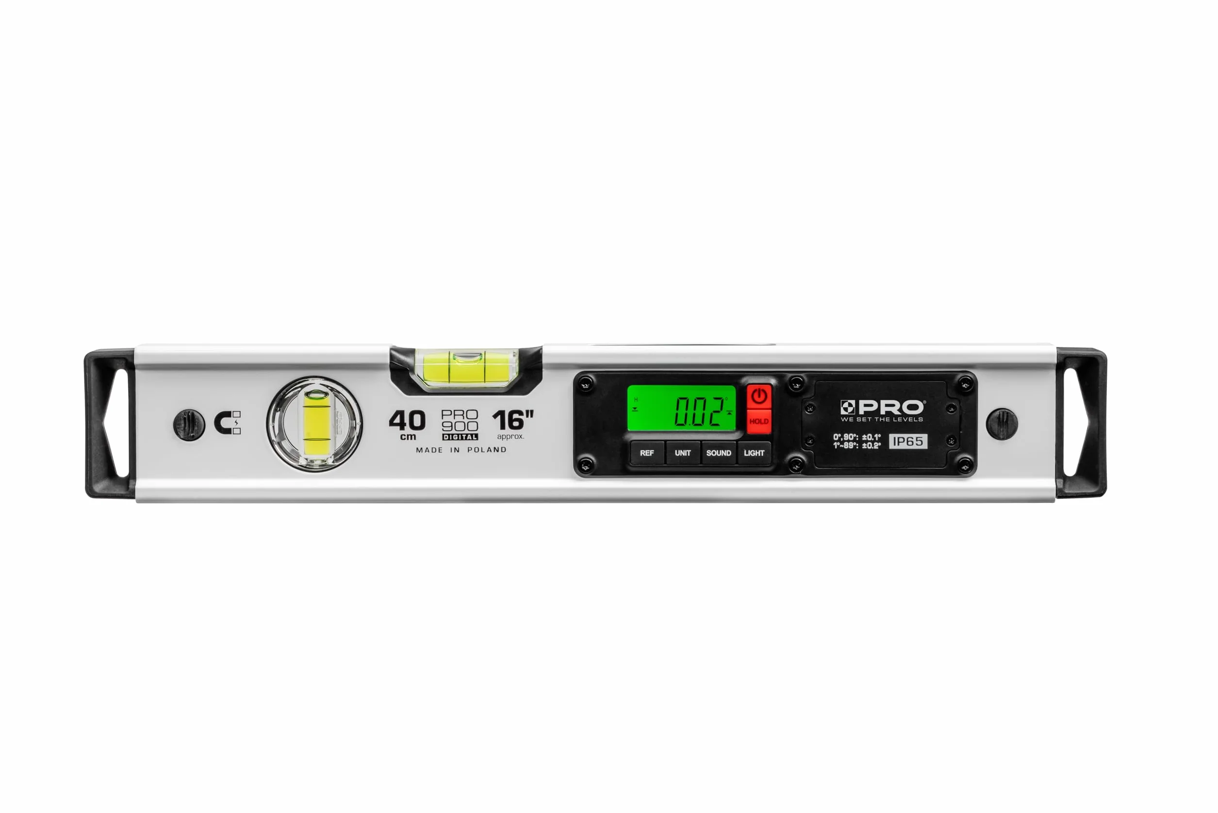 Nivel Digital Magnético PRO900 de 16 Pulgadas (40 cm) con 2 Pantallas LCD y Bolsa de Transporte Incluida - 19 Espacios de Memoria de Mediciones - Clasificación IP65 - Tapas de Elastómero con Alta