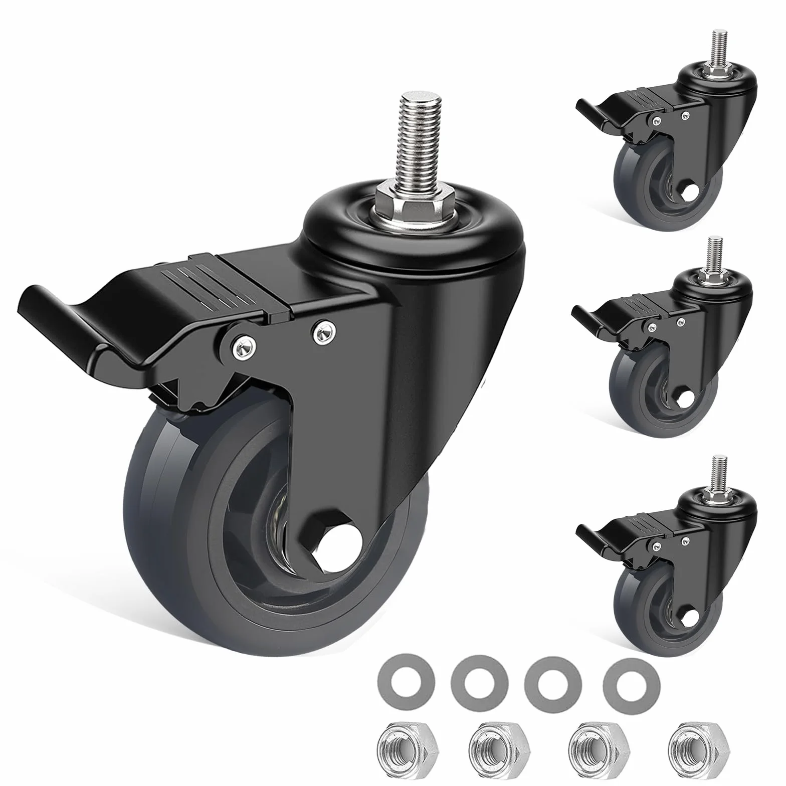 Ruedas para Muebles con Pasador Roscado 10 mm x 30 mm, Lote de 4 Pivotantes 75MM con Freno Hasta 400kg, Giratorias Industriales 360°, PU No Dejan Marcas