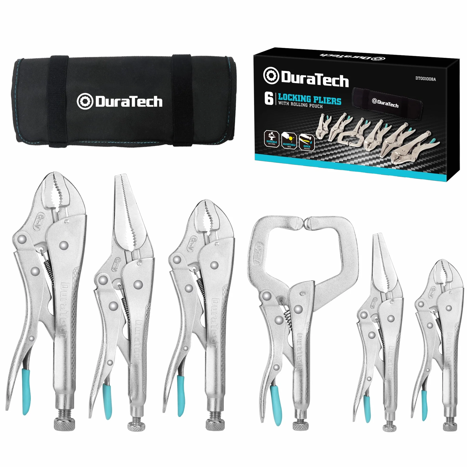 DURATECH Juego de 6 Alicates de Presión con 2 Alicates de Punta Larga de 16,5 cm y 24 cm, 3 Alicates de Mordaza Curva de 12,7 cm, 17,8 cm y 25,4 cm y 1 Alicate Tipo C 15 cm, con Estuche Enrollable