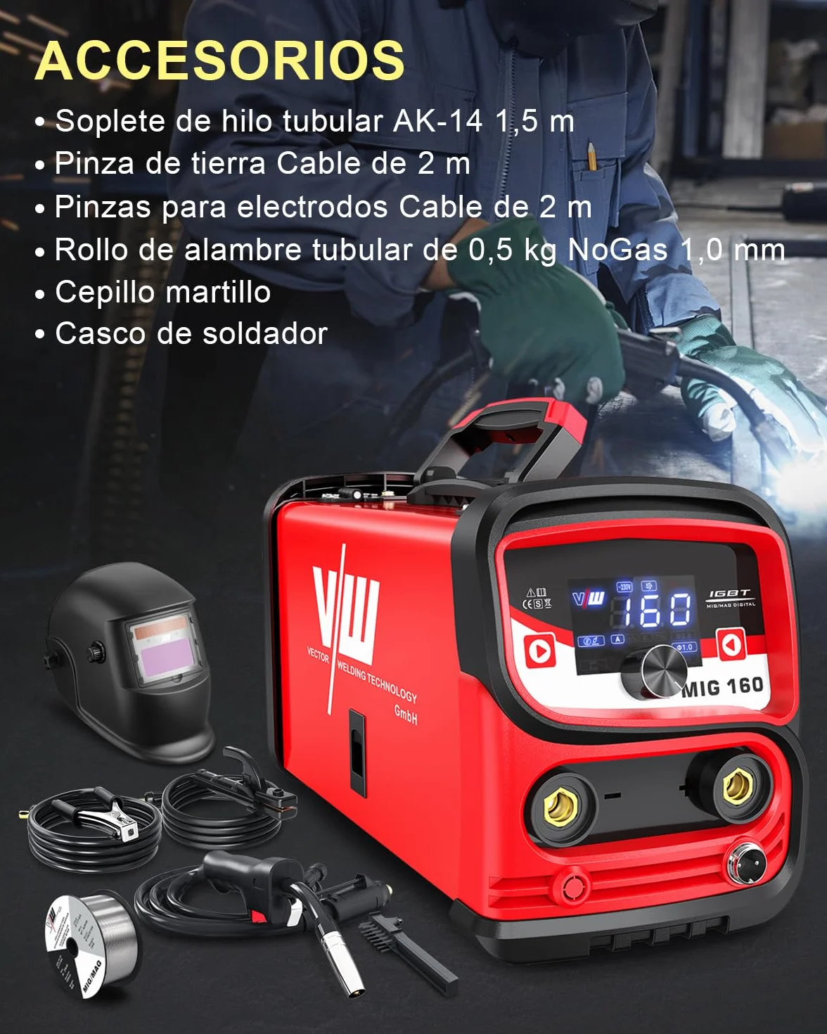 VECTOR WELDING Soldador Hilo Continuo Sin Gas 160 A, Soldadora Mig Mag Portátil con Pantalla LED, Soldador de Hilo sin Gas MIG/MMA para Principiantes, IGBT MIG 160A Set