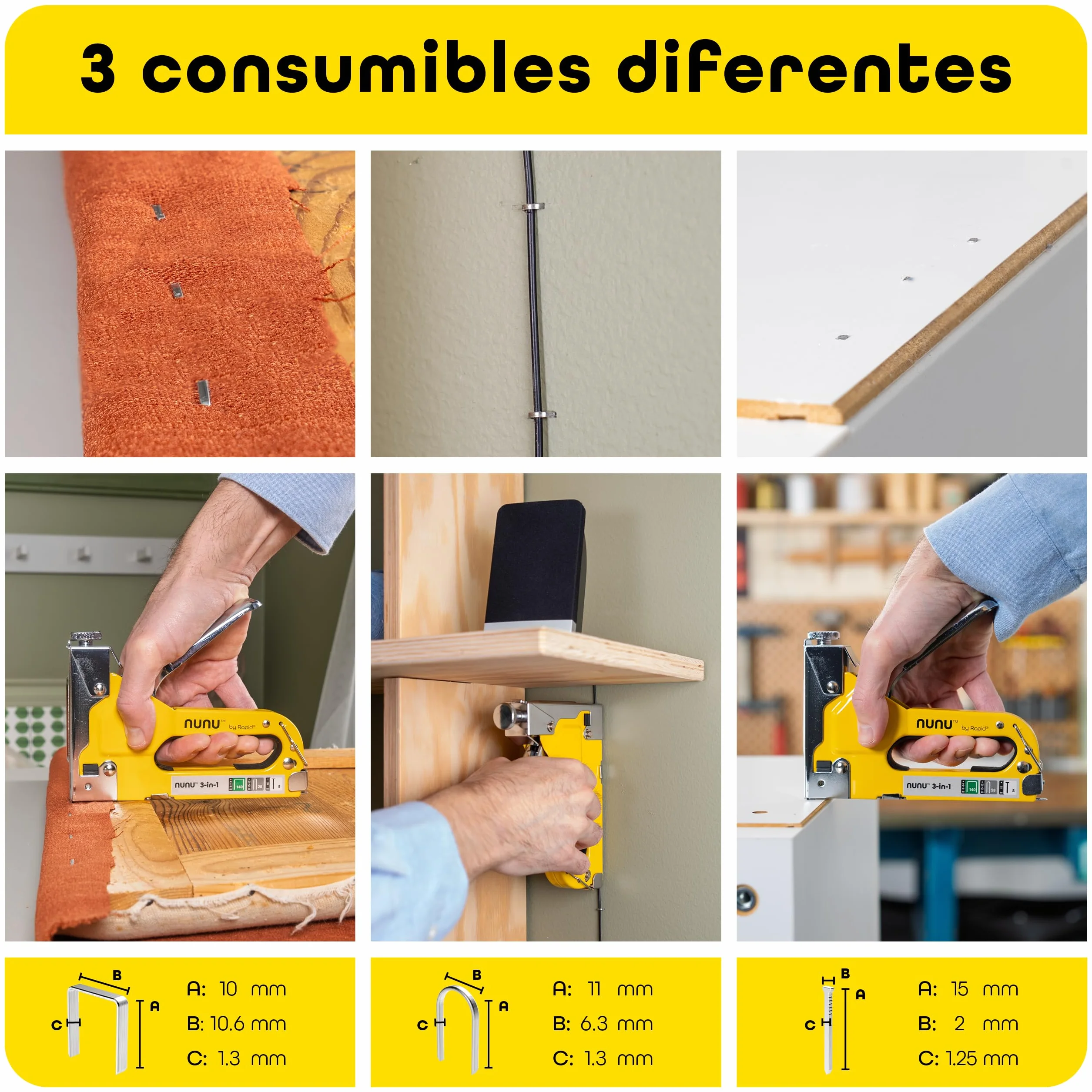 Rapid NUNU Grapadora Manual 3 en 1 para Madera con 3.000 Grapas y clavos. Grapadora Profesional para Tapicería, Paredes, Moquetas y Fijación de Cables, Potencia Ajustable, Diseño Ergonómico