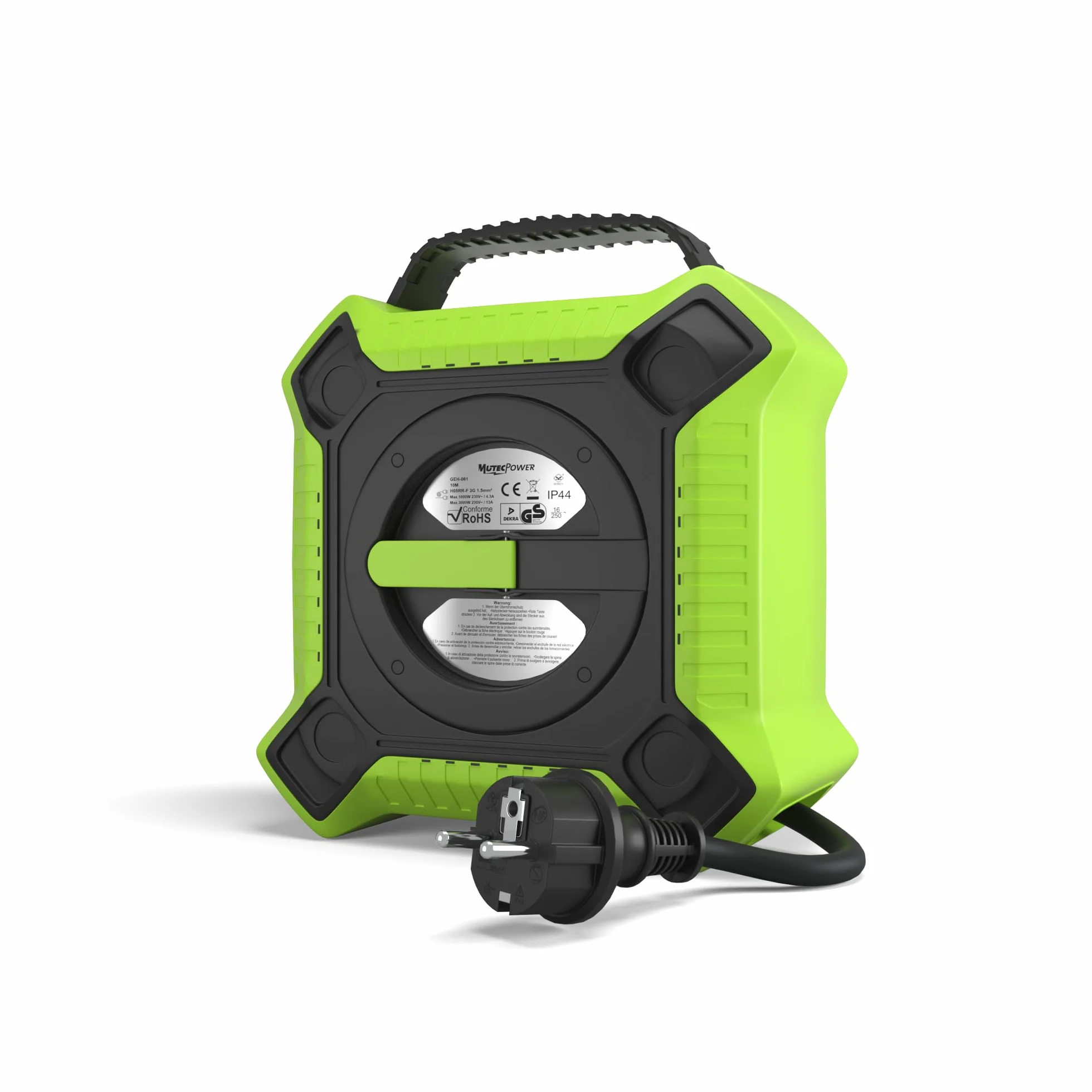 MutecPower Alargadera 10 metros IP44 enrollacables 10m enrollador de cable para exteriores con 4 tomas schuko de corriente protegidas, alargador H05RR-F 3G1,5 Negro/Verde