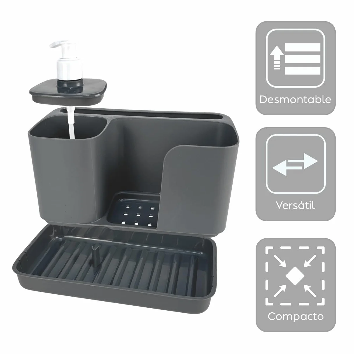 Riordinello Dispensador Jabón Baño Cocina 400 ml Organizador Fregadero Esponjas Bandeja 21x12x18 Gris