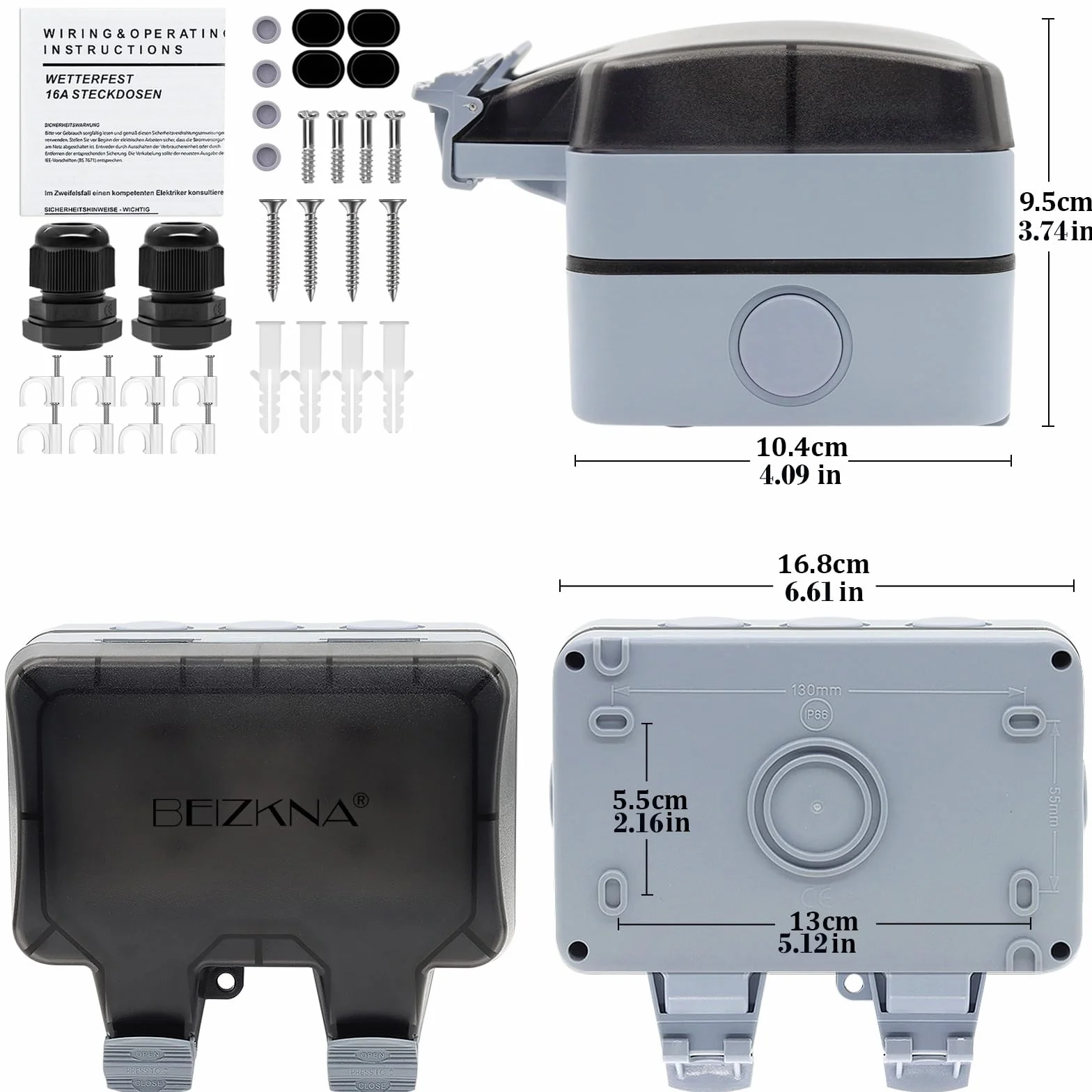 Enchufe Exterior Impermeable, Toma de Corriente IP66, Estanco con Interruptor, Conector de Cable y Tapa Abatible, para Cocina Baño Garaje Piscina y Jardín