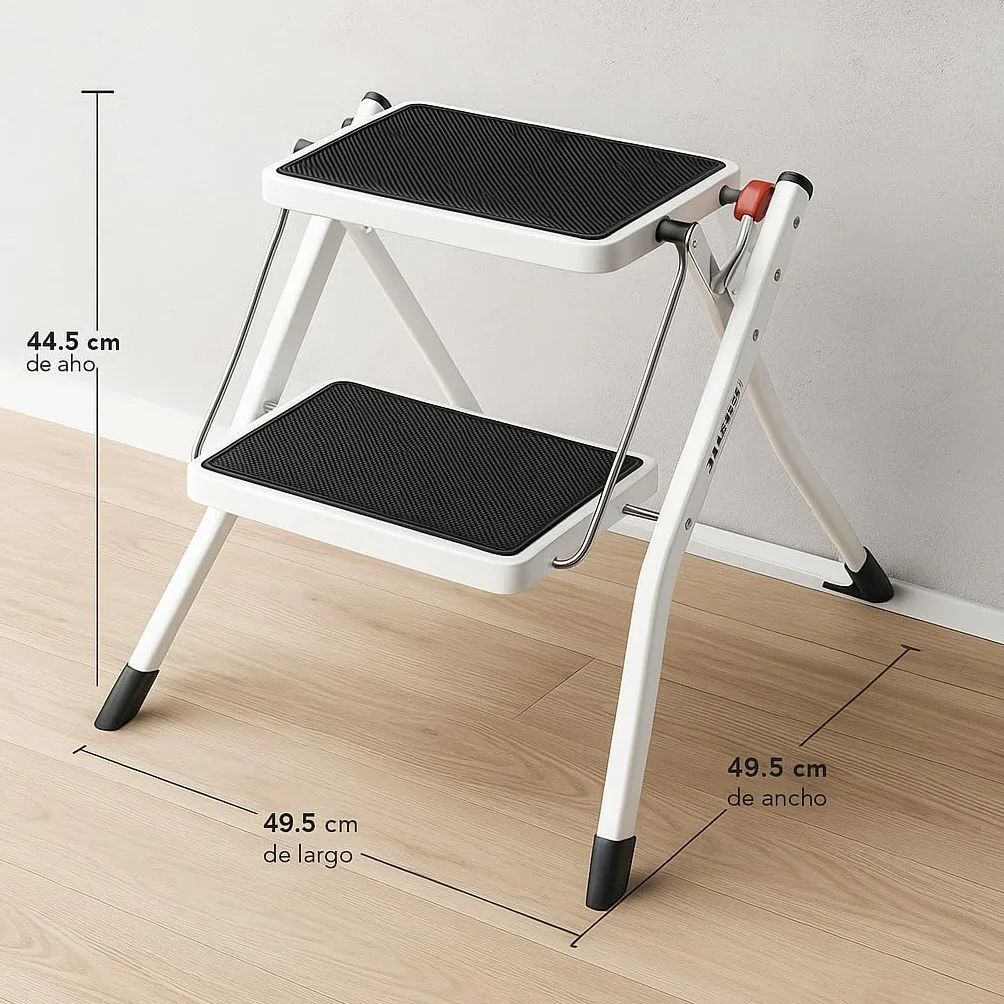 TIENDA EURASIA - Escalera de 2 Peldaños, Plegable de Aluminio, con Superfice Antideslizante, Resistente hasta 150 Kg, Estructura de Tijera de 48,5 x 44,5 x 49,5 cm
