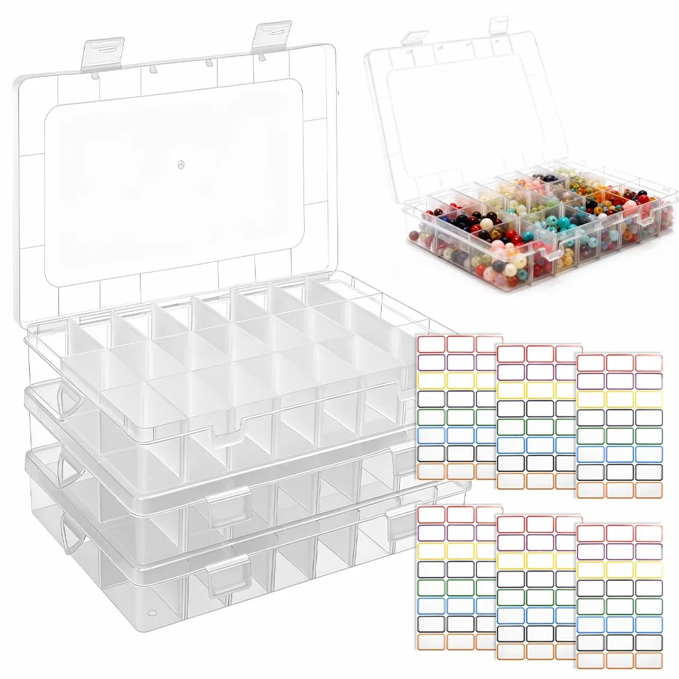 Caja Organizadora Plastico Transparente 24 Compartimientos Ajustables Apilable con Tapa para Joyas Tornillos Cuentas