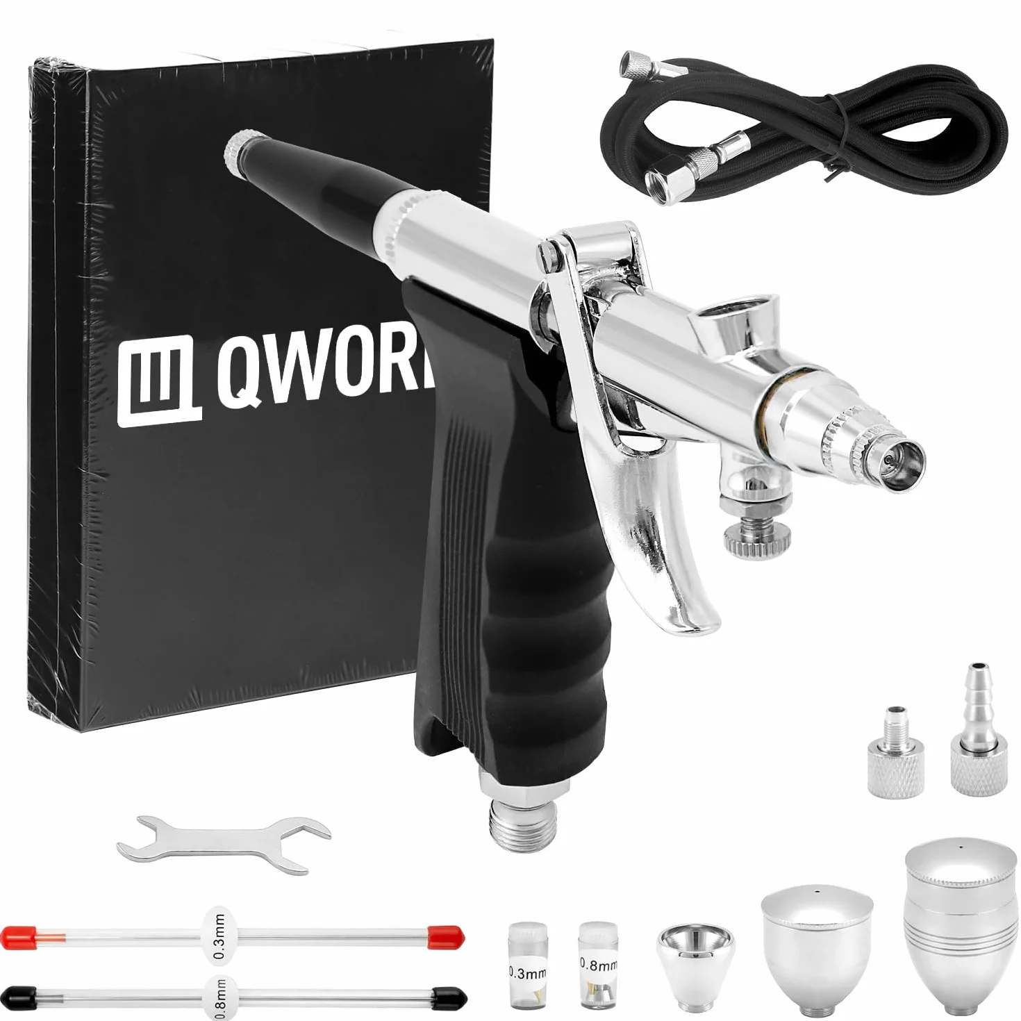 QWORK® Kit de Pistola de aerógrafo Profesional - Boquillas Bala 0,3 mm 0,5 mm 0,8 mm - Vaso de Pintura 2 CC 5 CC 13 CC - Longitud de la Manguera 1,8 m