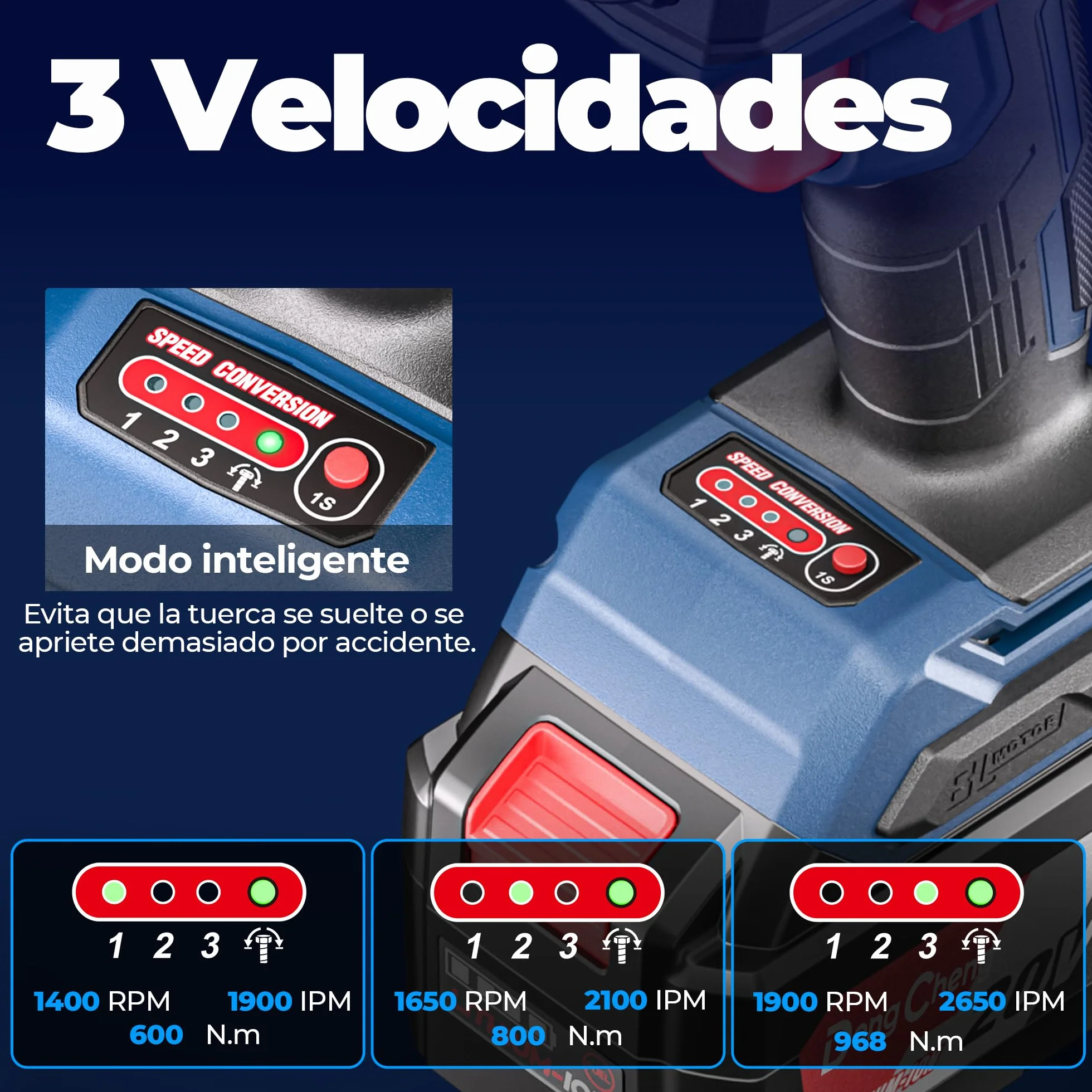 Dong Cheng Llave de impacto a batería sin escobillas 1/2", 1700 Nm, 3 vel (0-1900rpm), 2 bat 5Ah + cargador rápido + 3 dados + maletín. Para coches, camiones y maquinaria pesada