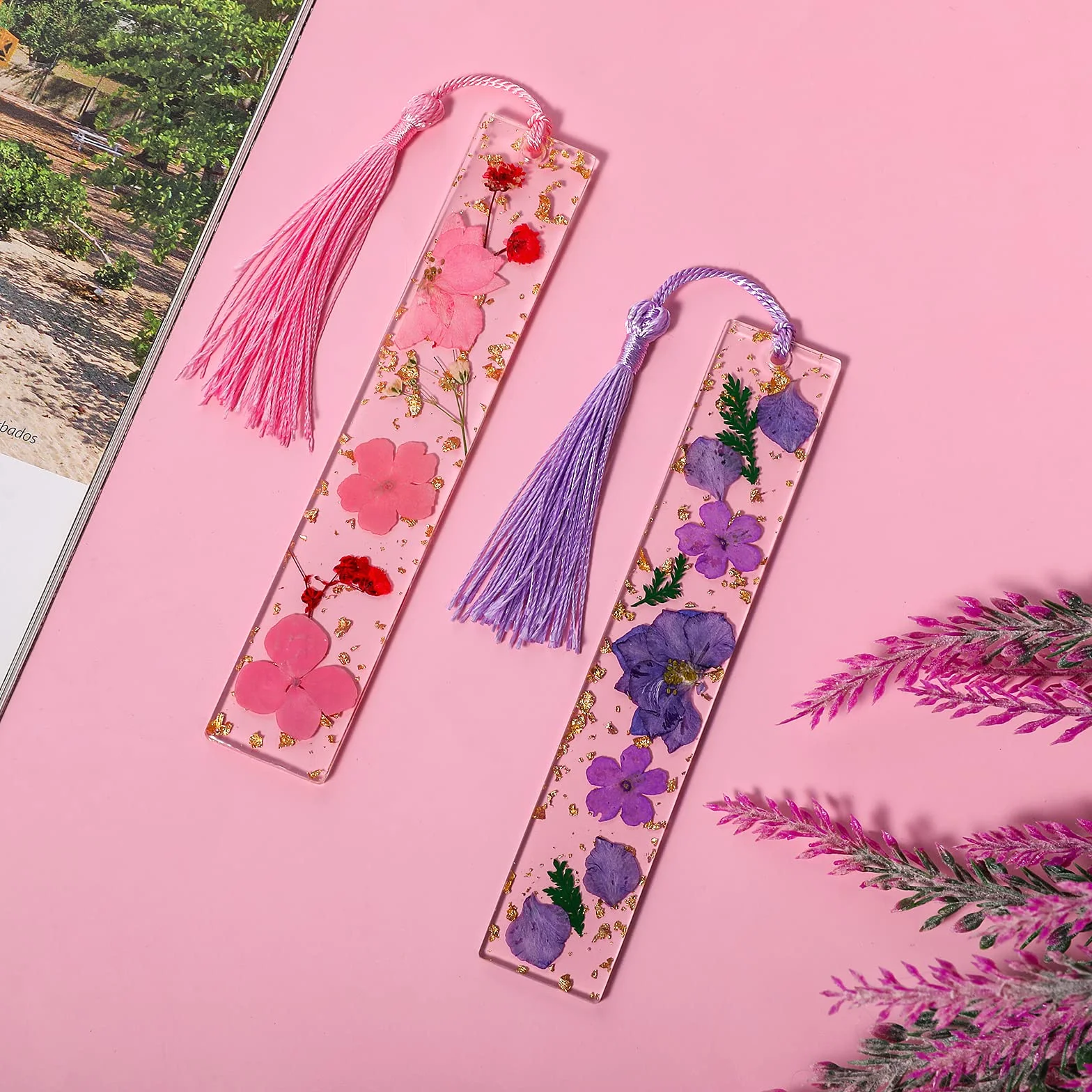 Marcapáginas de flores secas de resina 2 piezas transparentes prensadas hechas a mano con borla