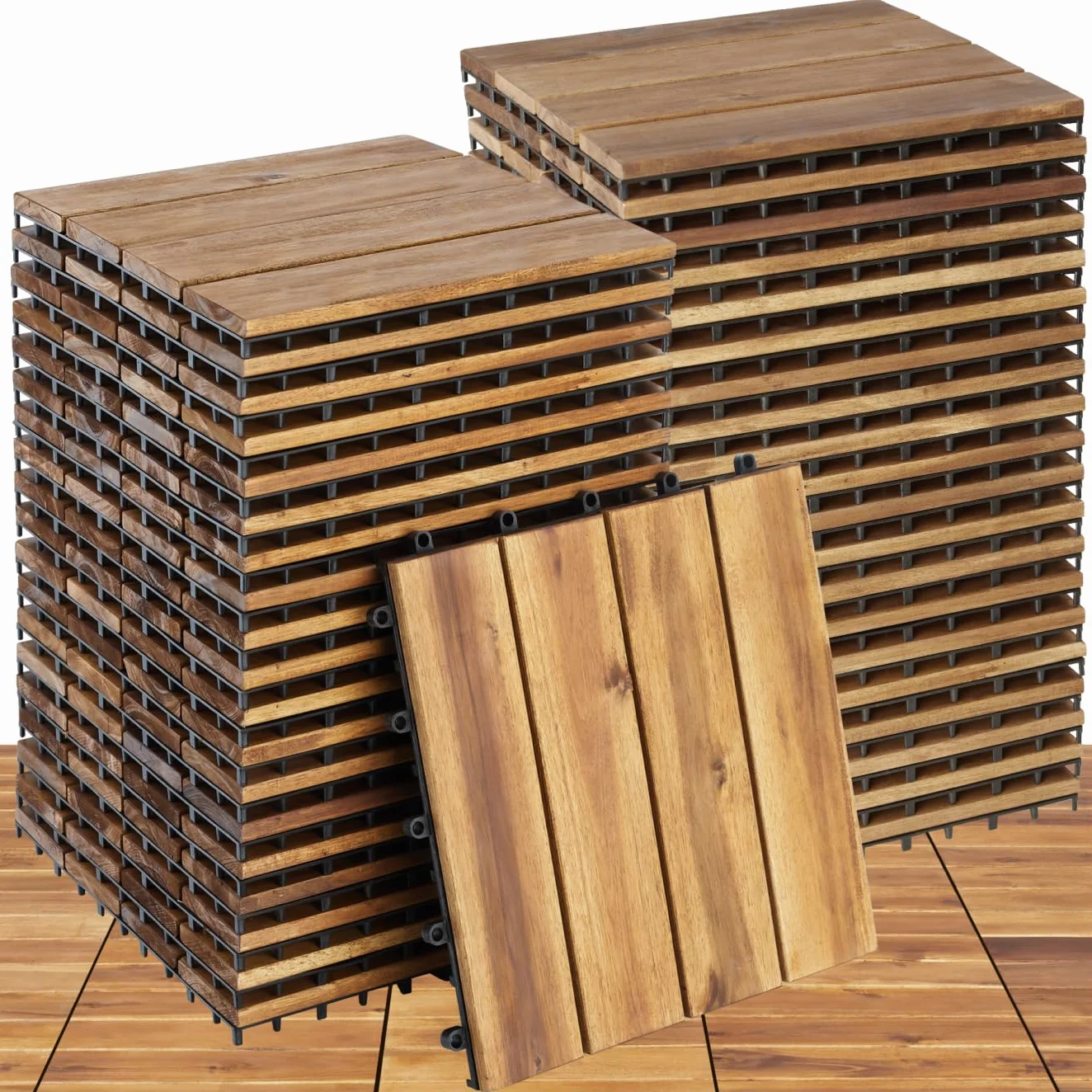 tectake® Set 40x Baldosas Jardín Exterior con 4 Tablones Madera de Acacia, 31 x 31 cm, Suelo Jardín con Base de Rejilla y Drenaje, Montaje Sistema Clic, Área 1,922 m2- Madera