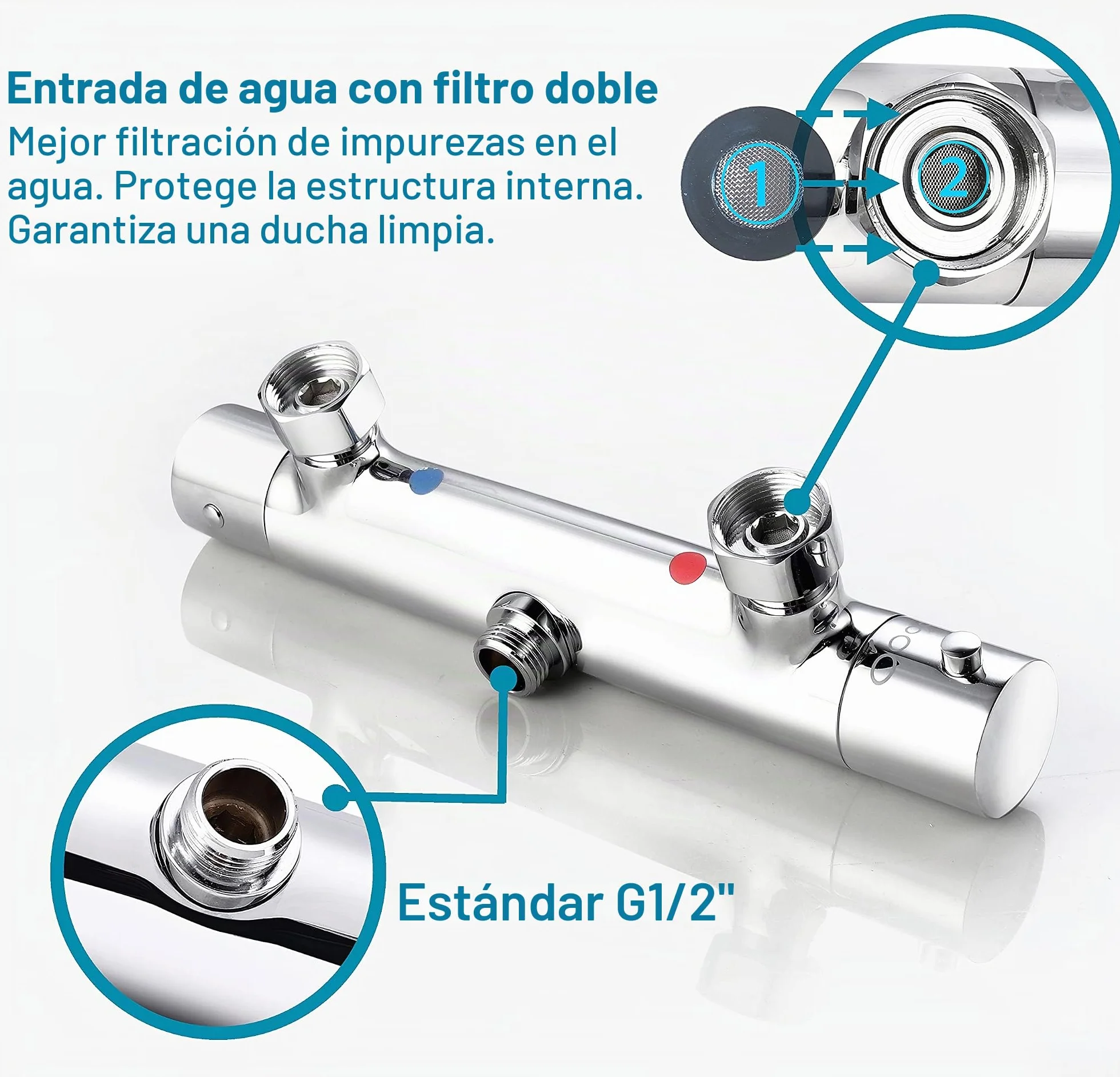 Elbe®Grifo termostatico ducha con protección contra las quemaduras superficiales, grifería de ducha de latón, cromada, con botón de seguridad de 38°C, para un funcionamiento más seguro y cómodo