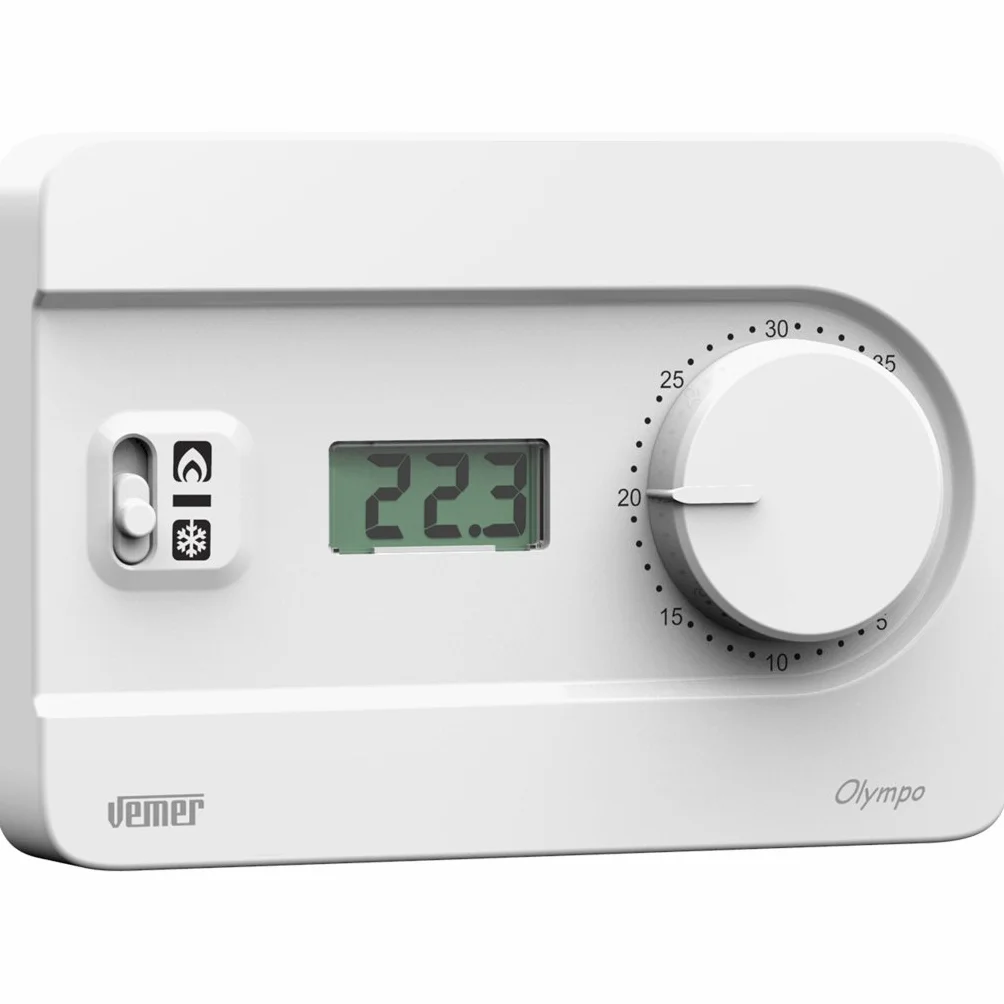VEMER VE757700 OLYMPO LCD – Termostato de Ambiente de Pared a Pilas con Pantalla LCD, Mando Giratorio y Modo Calefacción/Refrigeración, Blanco