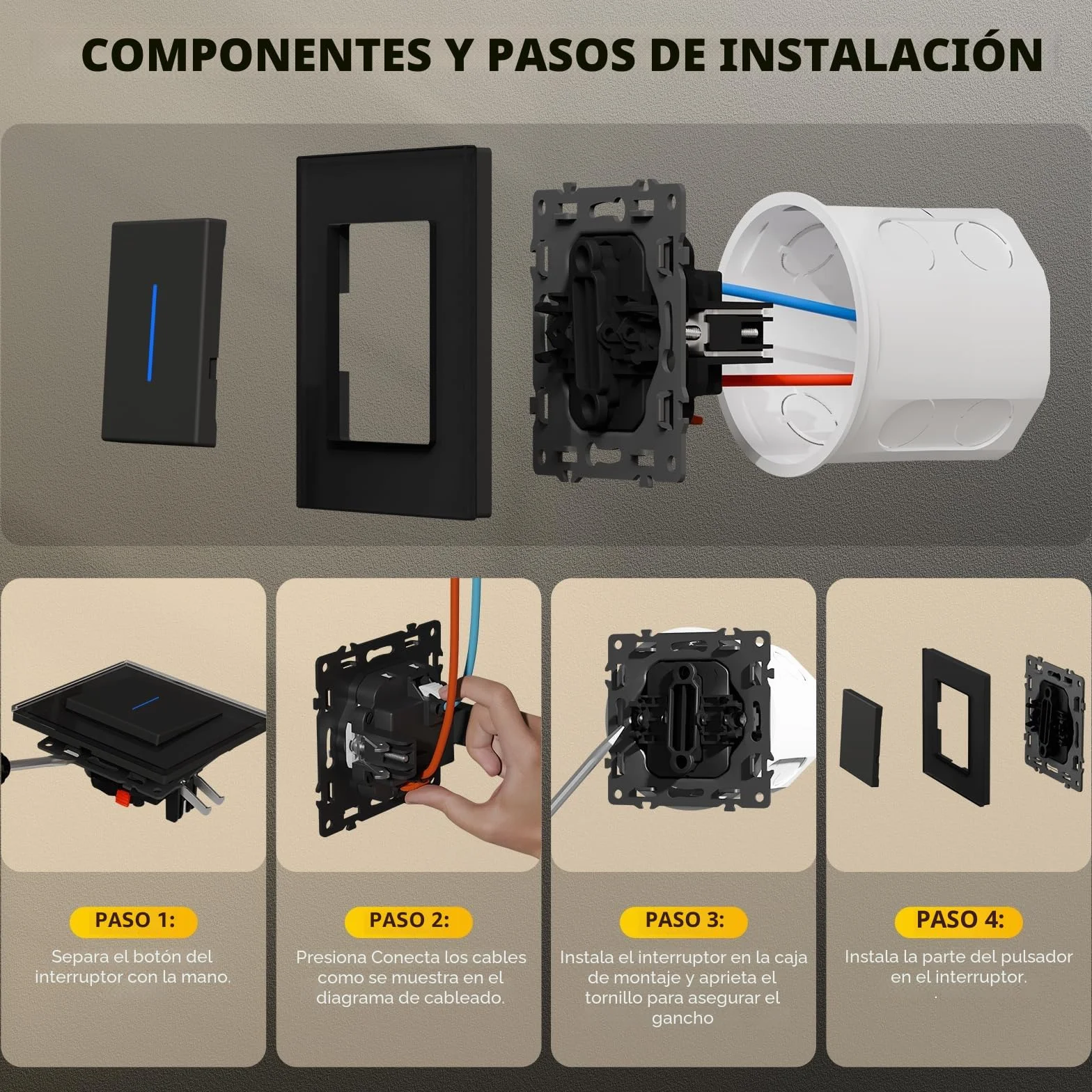 Interruptor Pared,Interruptor de Pared con Marco de Cristal con LED Indicador,1 Gang 1 Vía,Fácil Instalación Diseño de Gancho de Garra,86 * 86mm Negro