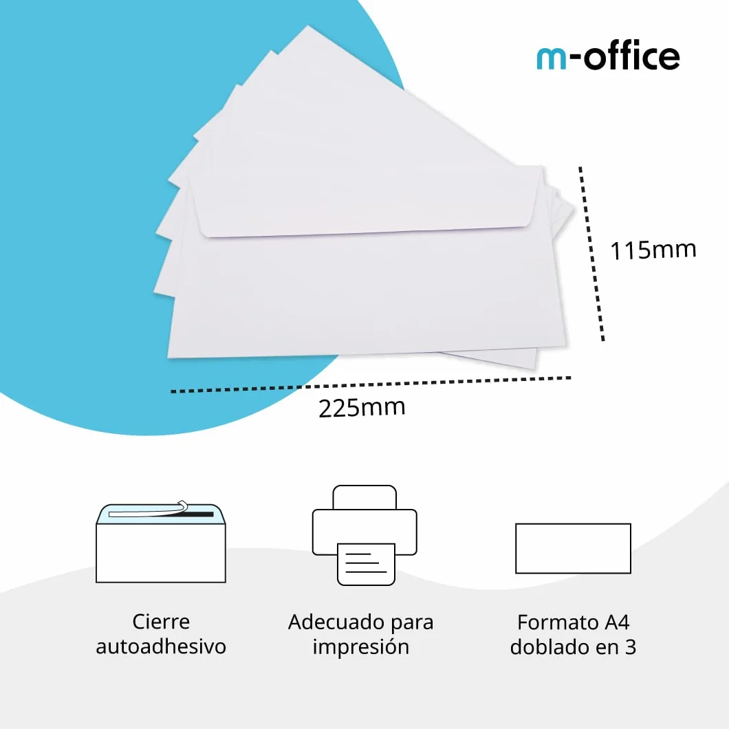 Sobres de Papel Blanco Americano Sin Ventana 225 x 115 mm 90 g/m² Cierre Autoadhesivo m-office 100 uds