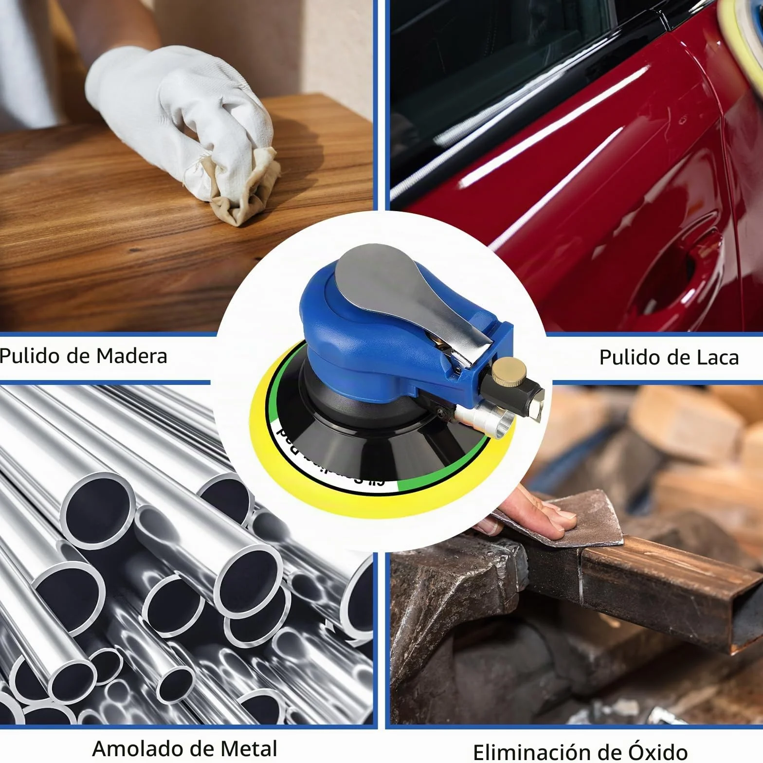 Uten Lijadora orbital aleatoria de aire de 6 pulgadas, lijadora de palma neumática de doble acción con regulación de velocidad con 7 piezas de papel de lija