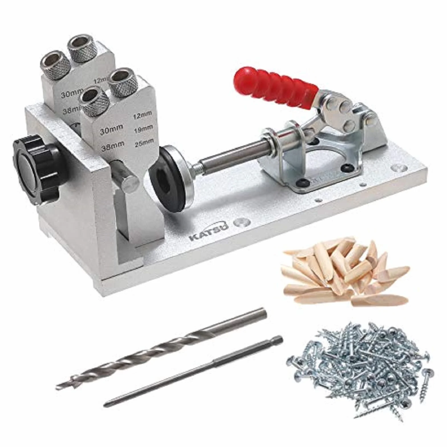 KATSU Kit de Plantilla de Orificio Doble de Bolsillo, Pocket Agujero Kit, Localizador de Madera para Carpintería Perforación de Orificio, con Brocas y Tornillos 105418