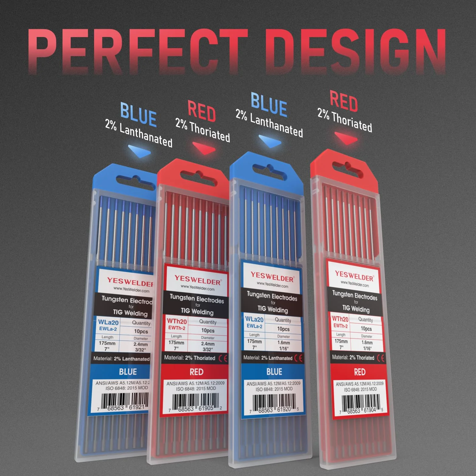 YESWELDER TIG Electrodo de Tungsteno 2% Toriado 1,6mm x 175mm (Rojo, WT20/EWTh-2) 10-pk