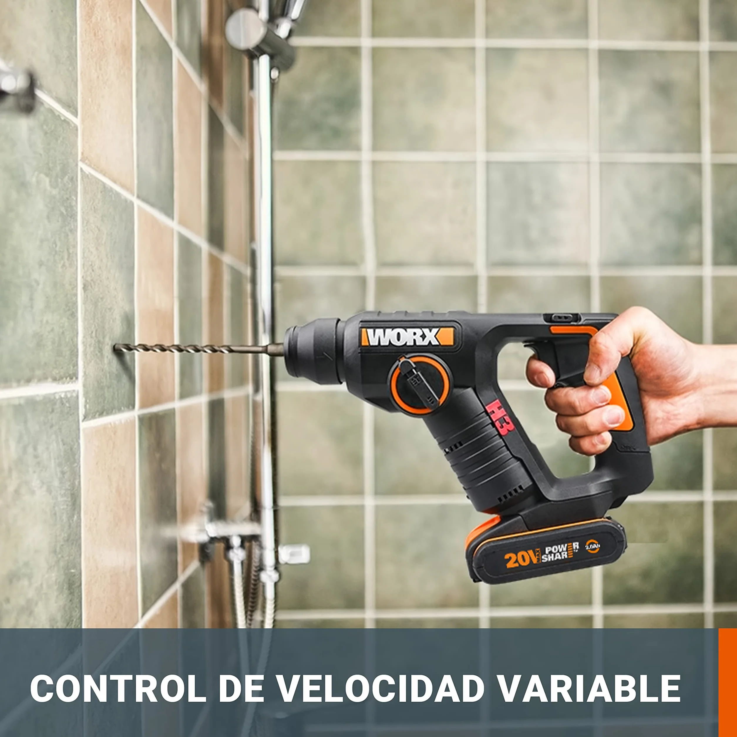 WORX WX394.6 H3 | Martillo sds-plus 20V | Función de taladro | Incluye 2 baterías de 2Ah, cargador y maletín | 3 Funciones | Ligero y compacto | Ideal para taladros en el techo