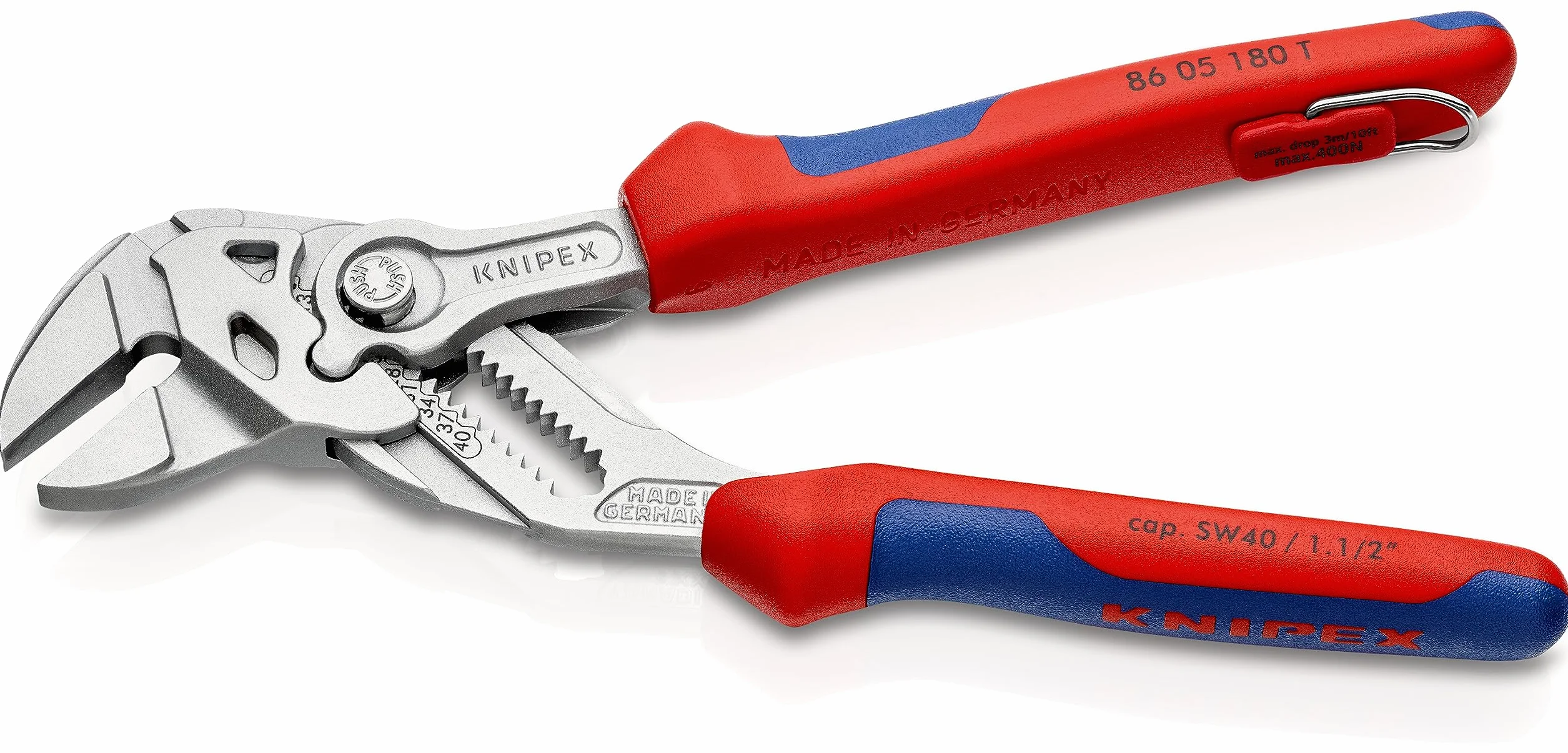 KNIPEX Tenaza llave alicate y llave en una sola herramienta en blister cromado con fundas multicomponentes, con anilla de fijación, 86 05 180 T BK