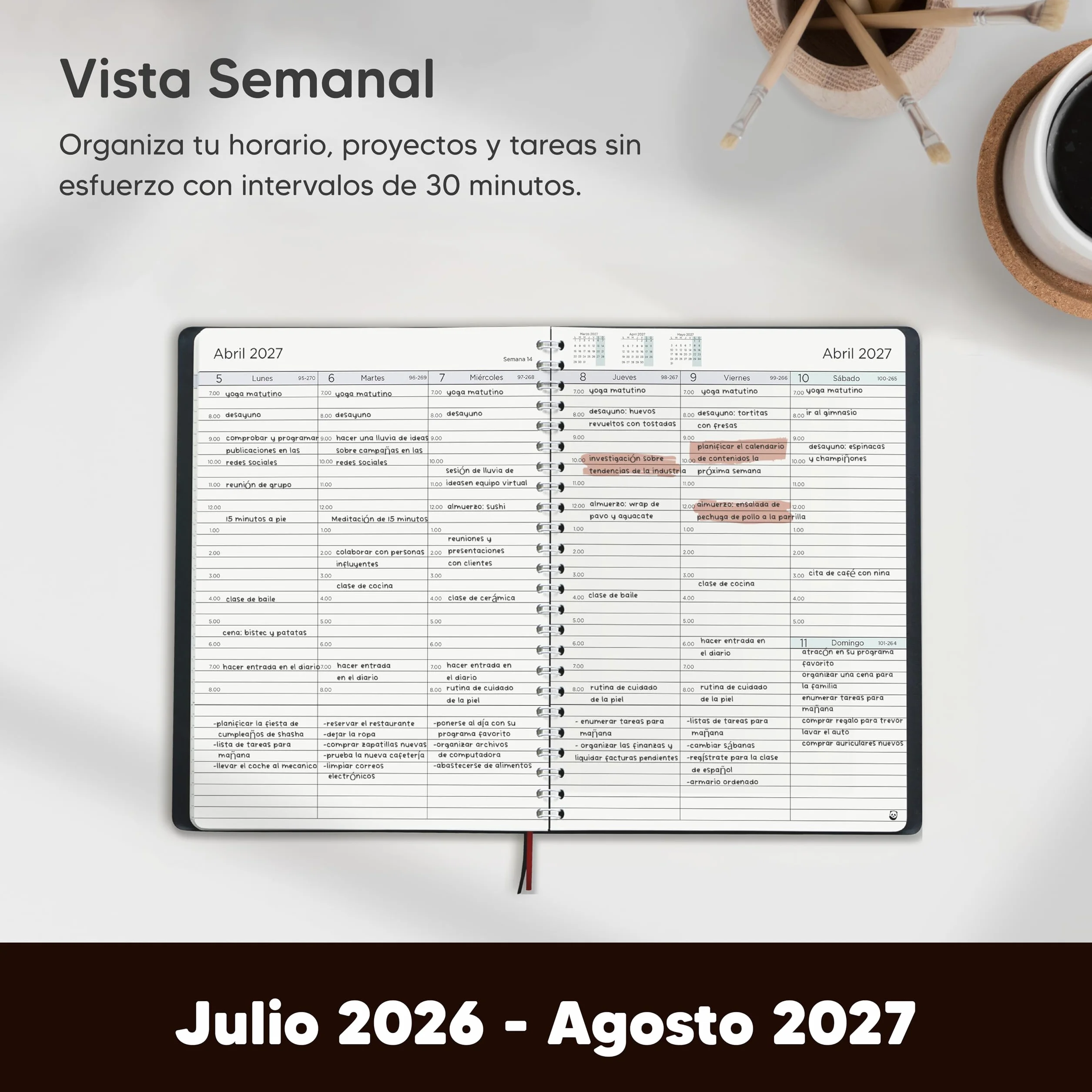 Agenda 2026 2027 con Vista Semanal A5 Planificador Semana Vista Diario Espiral Intervalos 30 Minutos Julio 2026 Agosto 2027 Español