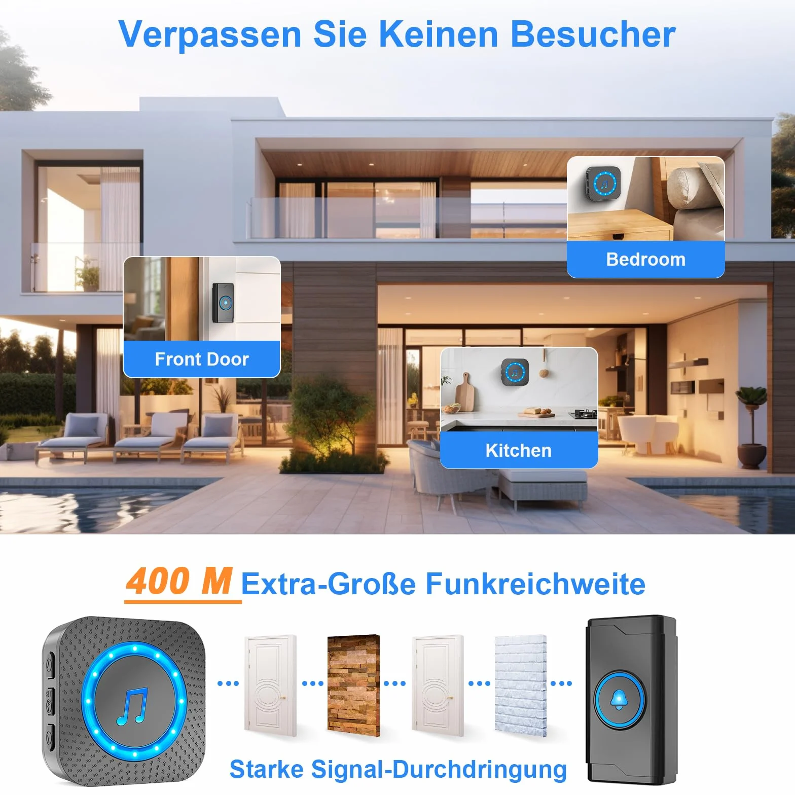 SURFOU Timbre Inalámbrico Exterior Interior Impermeable 400M Alcance 55 Melodías 5 Niveles Volumen LED Negro