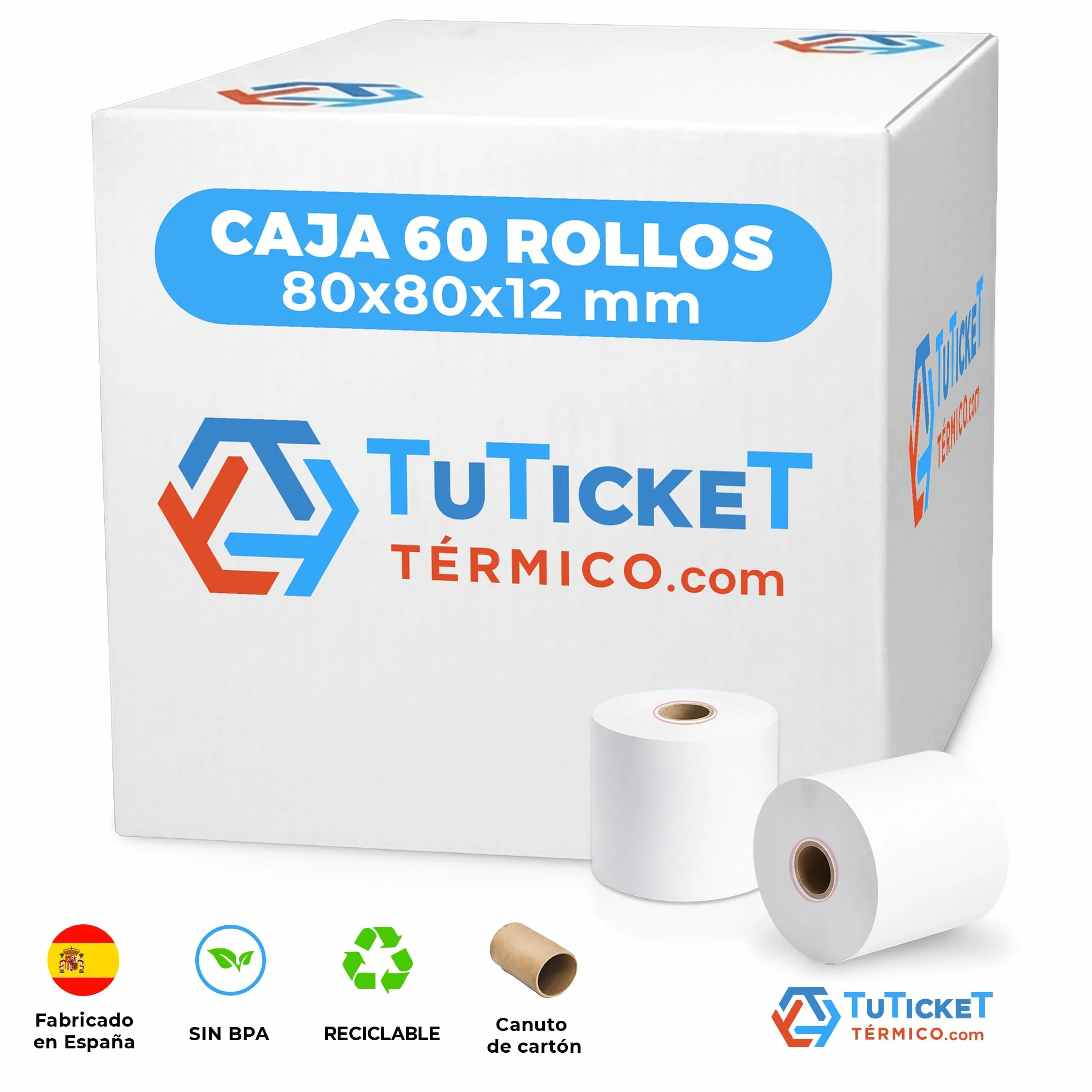 Rollo de Papel Térmico 80x80x12 mm (60 unidades, 10 más de lo habitual) para Impresora Térmica de Ticket, Caja Registradora y demás TPV. Sin Bisphenol A. PEFC. Producto C.E.